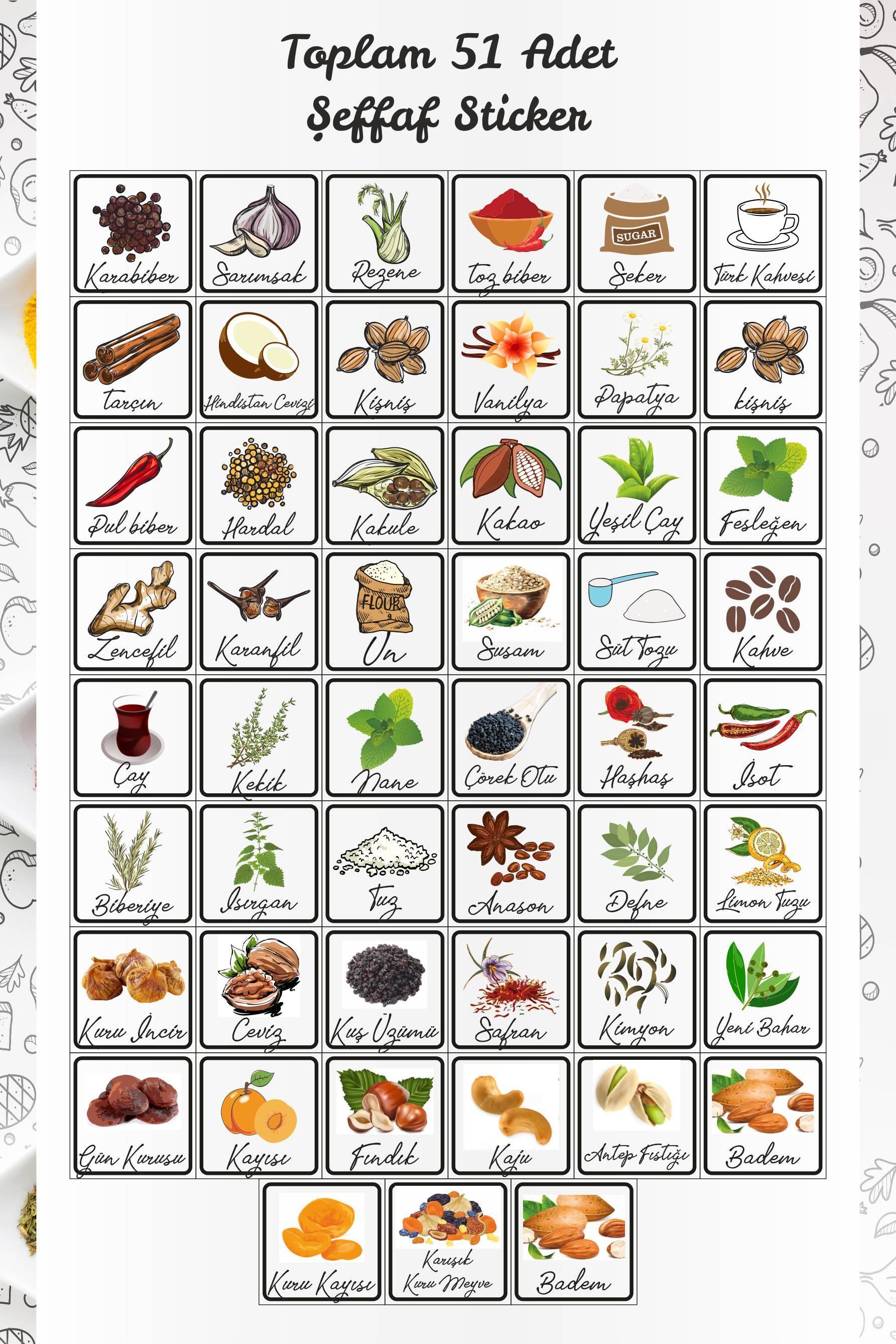 Baharatlık-Kuruyemiş Şeffaf Baskılı Mutfak Kavanoz Etiket Sticker