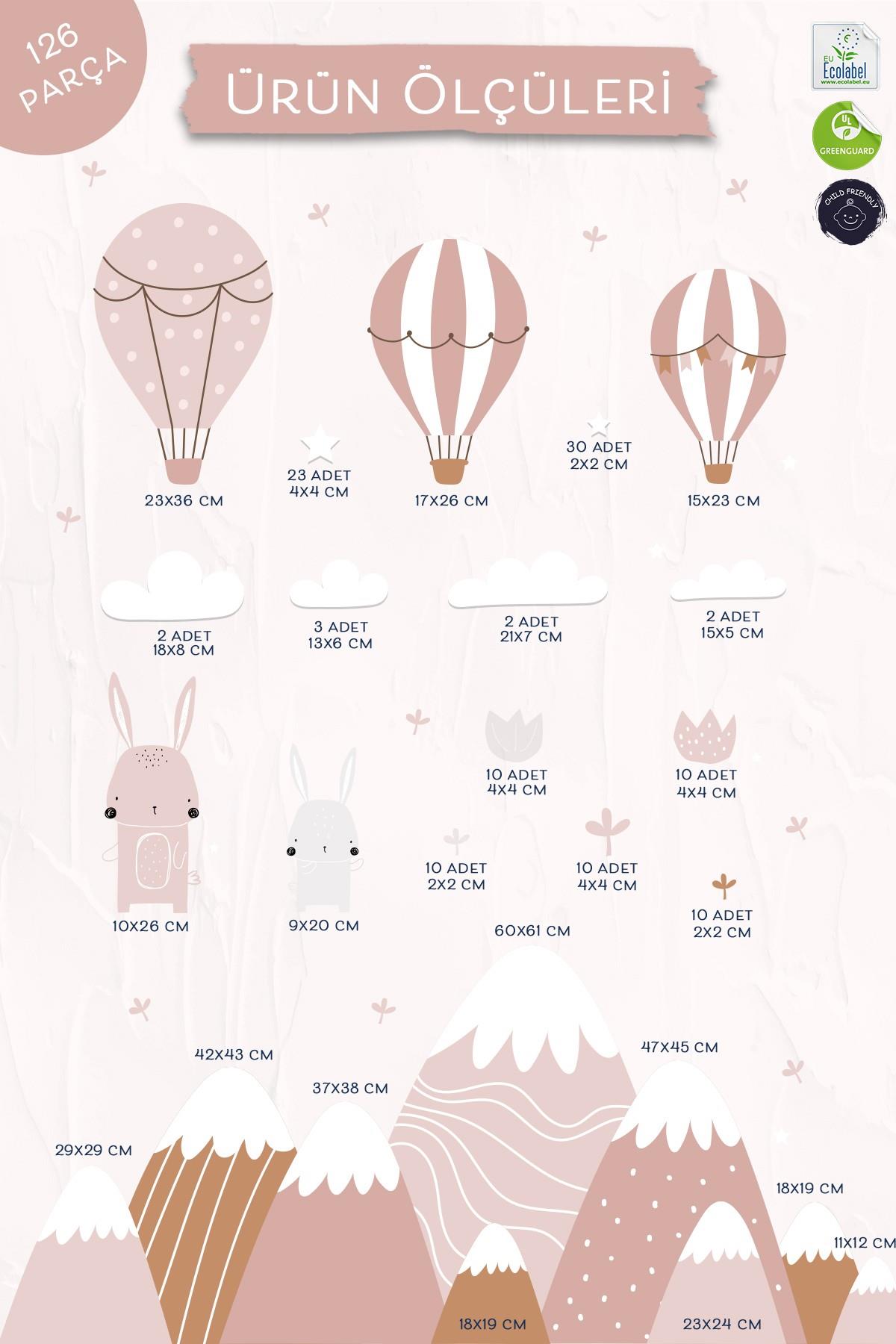 Bohem Soft Pembe Dağ ve Gökyüzü Temalı Uçan Balon İçerikli Duvar Kağıdı Görünümlü Sticker Seti