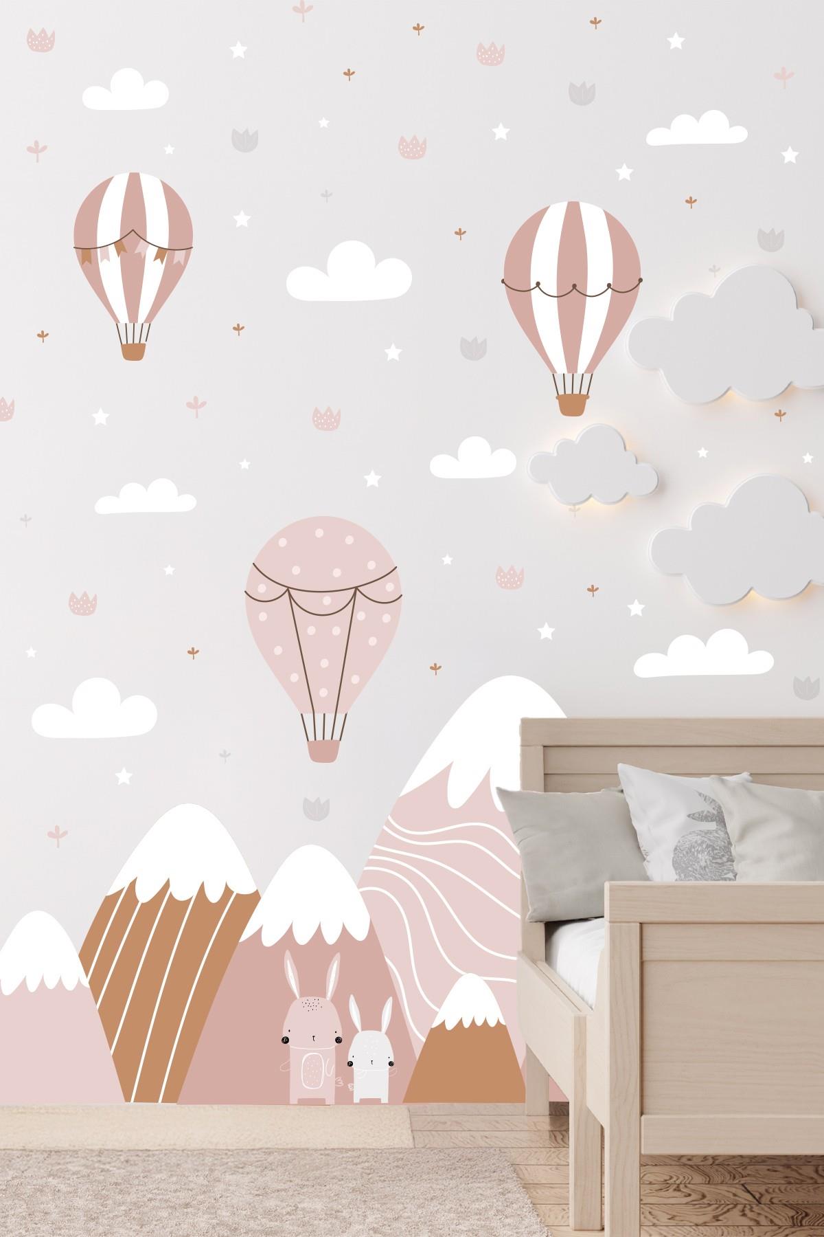 Bohem Soft Pembe Dağ ve Gökyüzü Temalı Uçan Balon İçerikli Duvar Kağıdı Görünümlü Sticker Seti