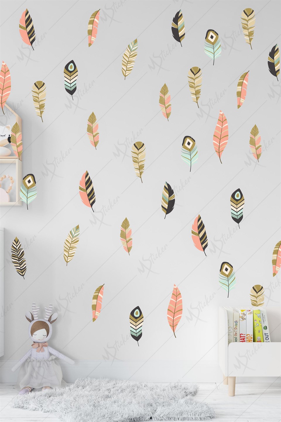Bohem Tarzı Kuş Tüyleri 68 Adet Çocuk Bebek Odası Sticker Seti