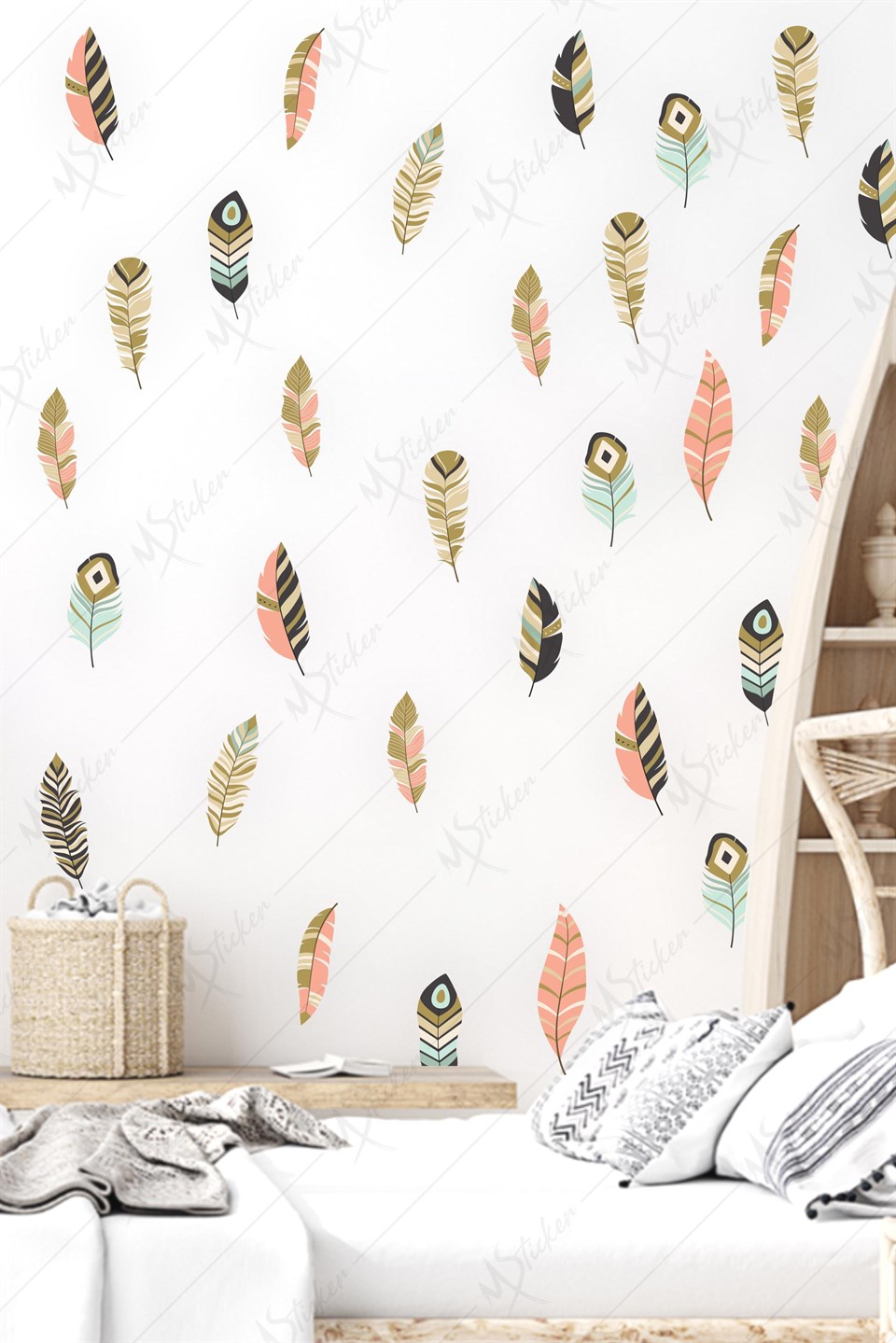 Bohem Tarzı Kuş Tüyleri 68 Adet Çocuk Bebek Odası Sticker Seti
