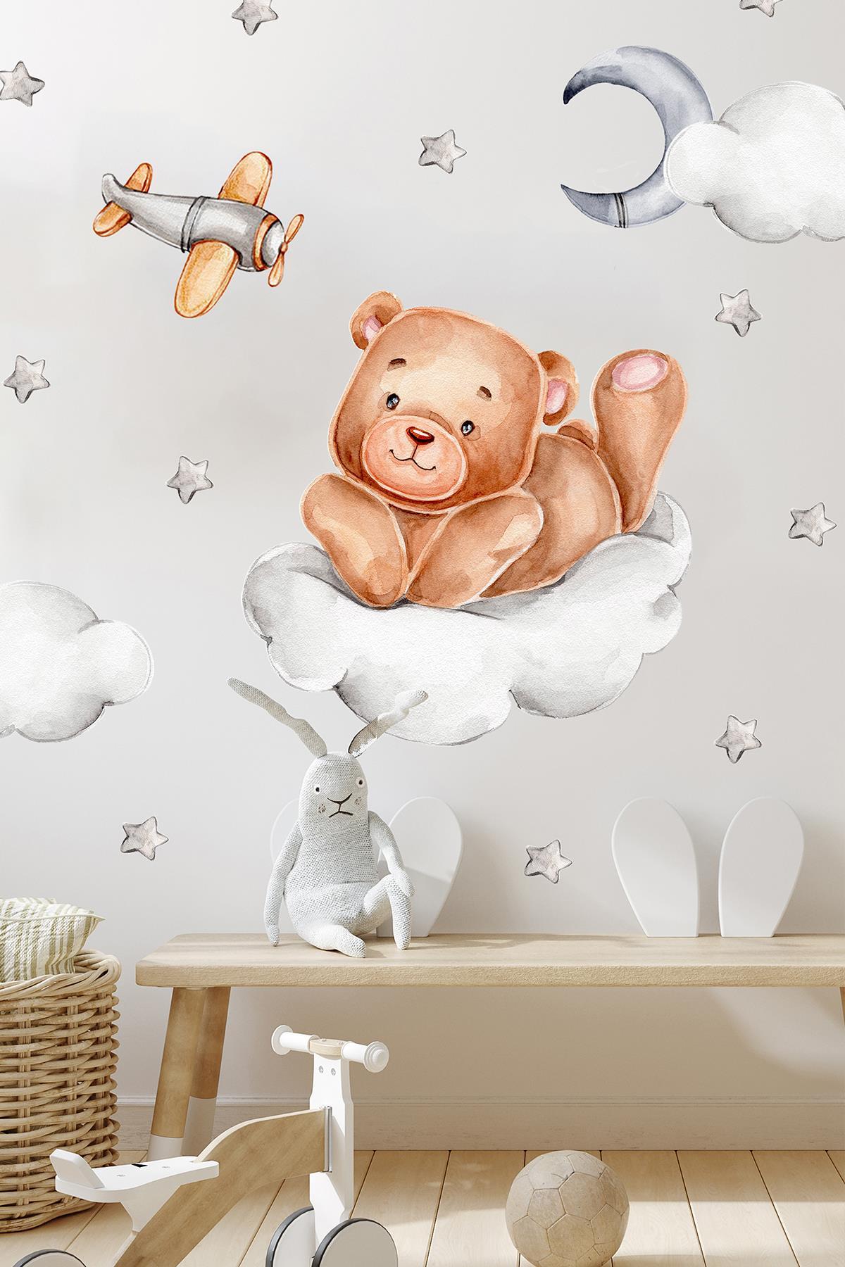 Bulutta Sevimli Ayıcık ve Yıldızlar Bulutlar Sevimli Sticker Seti Çocuk Bebek Odası Cam Duvar Sticke