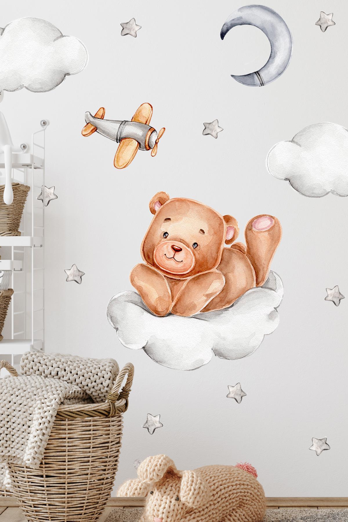 Bulutta Sevimli Ayıcık ve Yıldızlar Bulutlar Sevimli Sticker Seti Çocuk Bebek Odası Cam Duvar Sticke