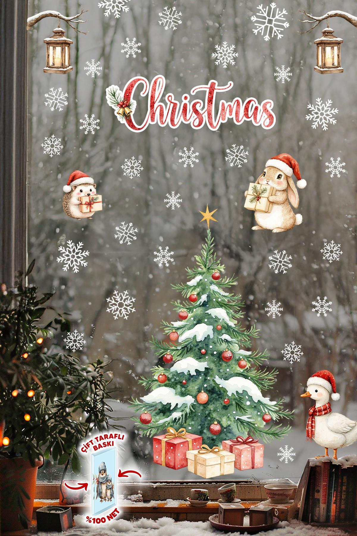 Christmas Yılbaşı Cam Sticker Seti 50 Parça – Çift Taraflı Baskı, Suya Dayanıklı, Kar Tanesi Figürler