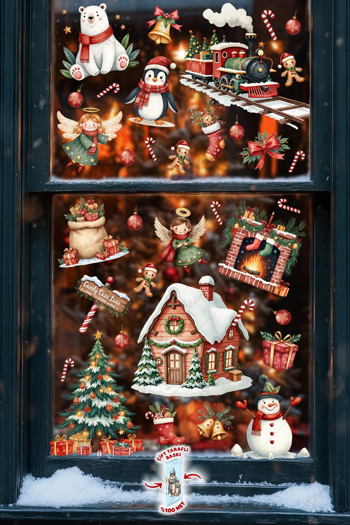 Christmas Yılbaşı Cam Sticker Seti 60+ Parça – Çift Taraflı Baskı, Suya Dayanıklı, Kar Tanesi & Noel Dekoru