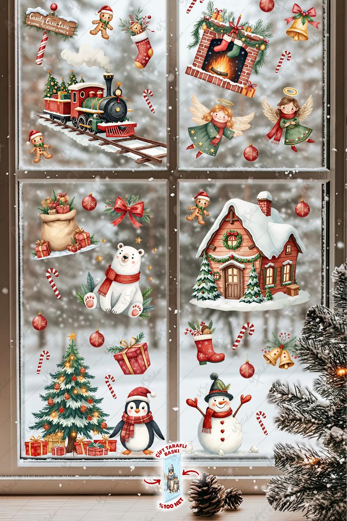 Christmas Yılbaşı Cam Sticker Seti 60+ Parça – Çift Taraflı Baskı, Suya Dayanıklı, Kar Tanesi & Noel Dekoru