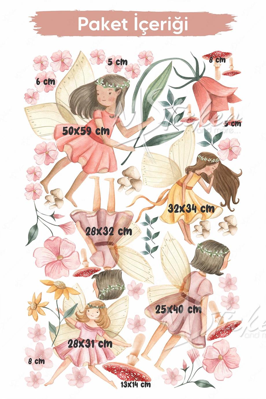 Çiçek Perileri ve Mantarlar Çocuk Bebek Odası Sticker Seti