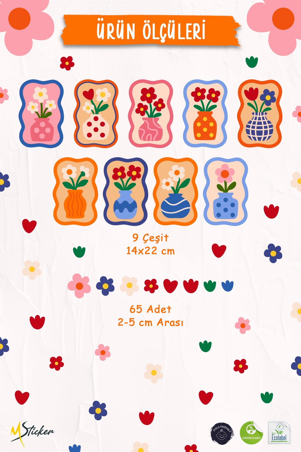 Çif Taraflı Baskılı Renkli Çiçekli Vazo Duvar Sticker Seti – 68 Parça, 9 Model, Çocuk Salon Dekor