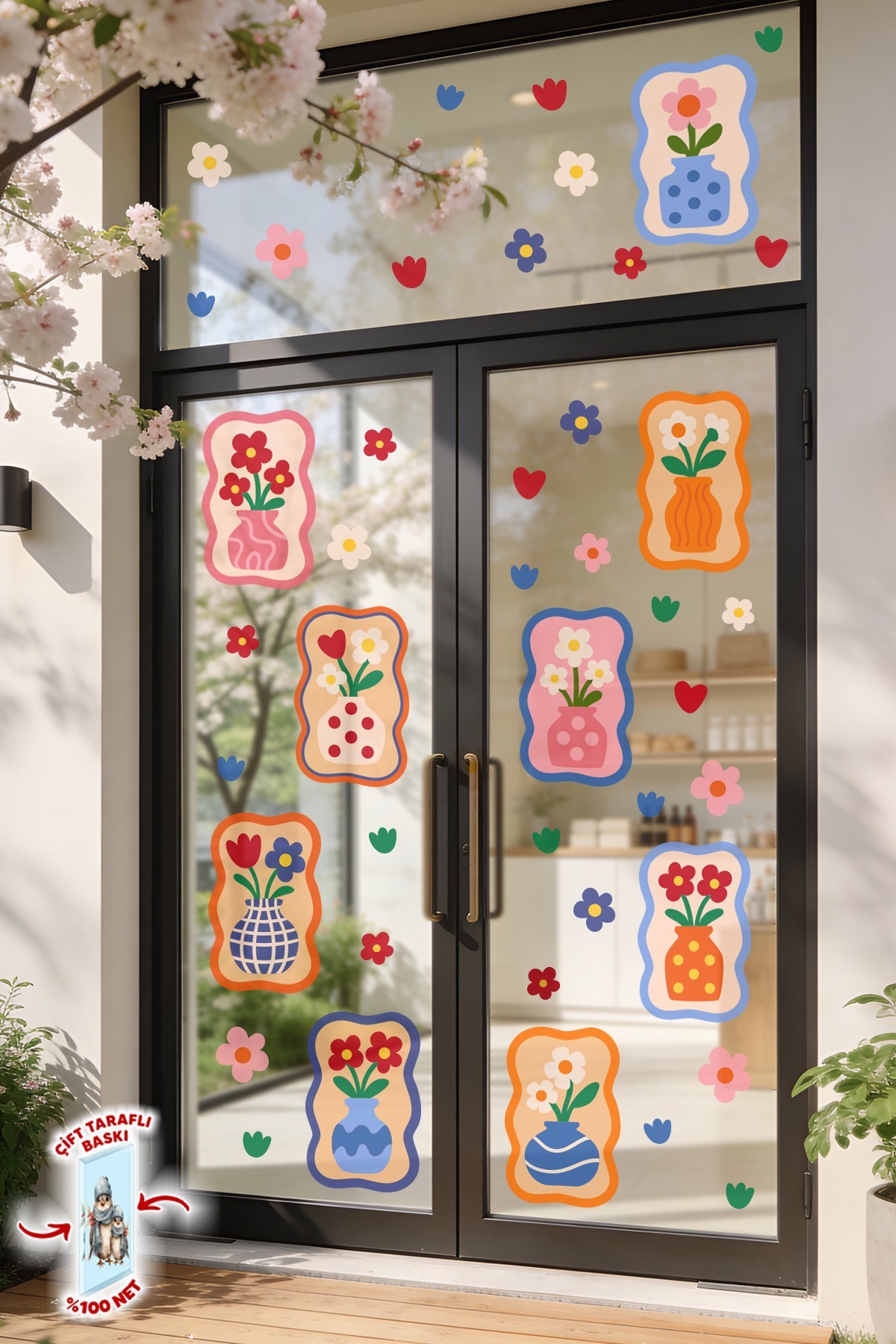 Çif Taraflı Baskılı Renkli Çiçekli Vazo Duvar Sticker Seti – 68 Parça, 9 Model, Çocuk Salon Dekor