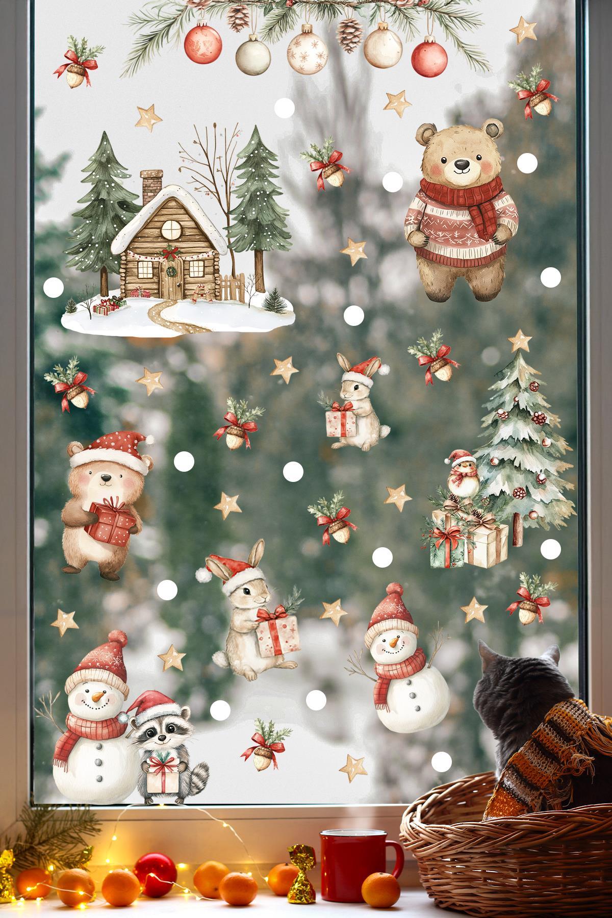 Çift Taraflı Baskılı Yılbaşı Evi ve Sevimli Hayvanlar Yeni Yıl Çocuk Bebek Odası Sticker Seti, Çift Yönlü Yılbaşı