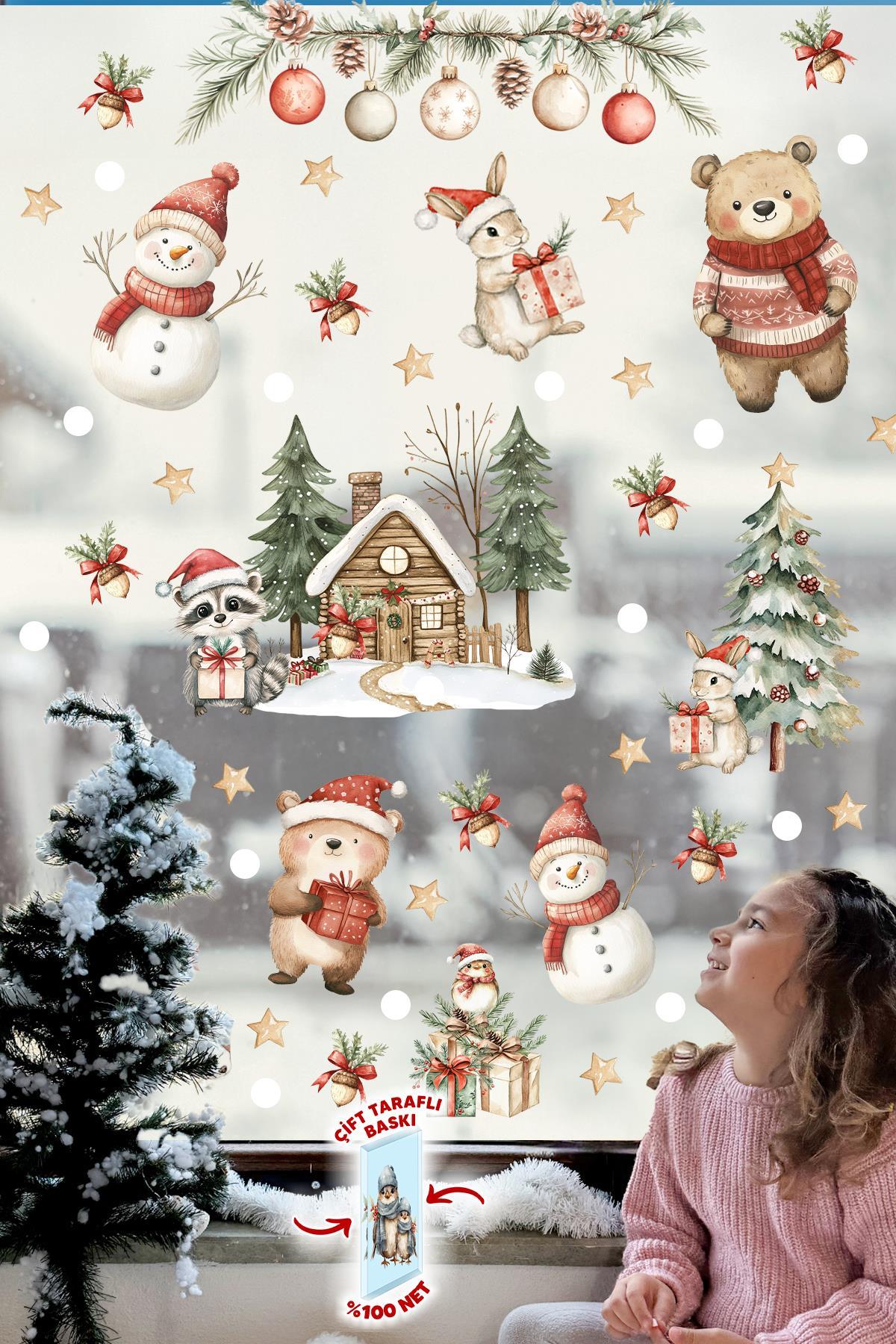 Çift Taraflı Baskılı Yılbaşı Evi ve Sevimli Hayvanlar Yeni Yıl Çocuk Bebek Odası Sticker Seti, Çift Yönlü Yılbaşı