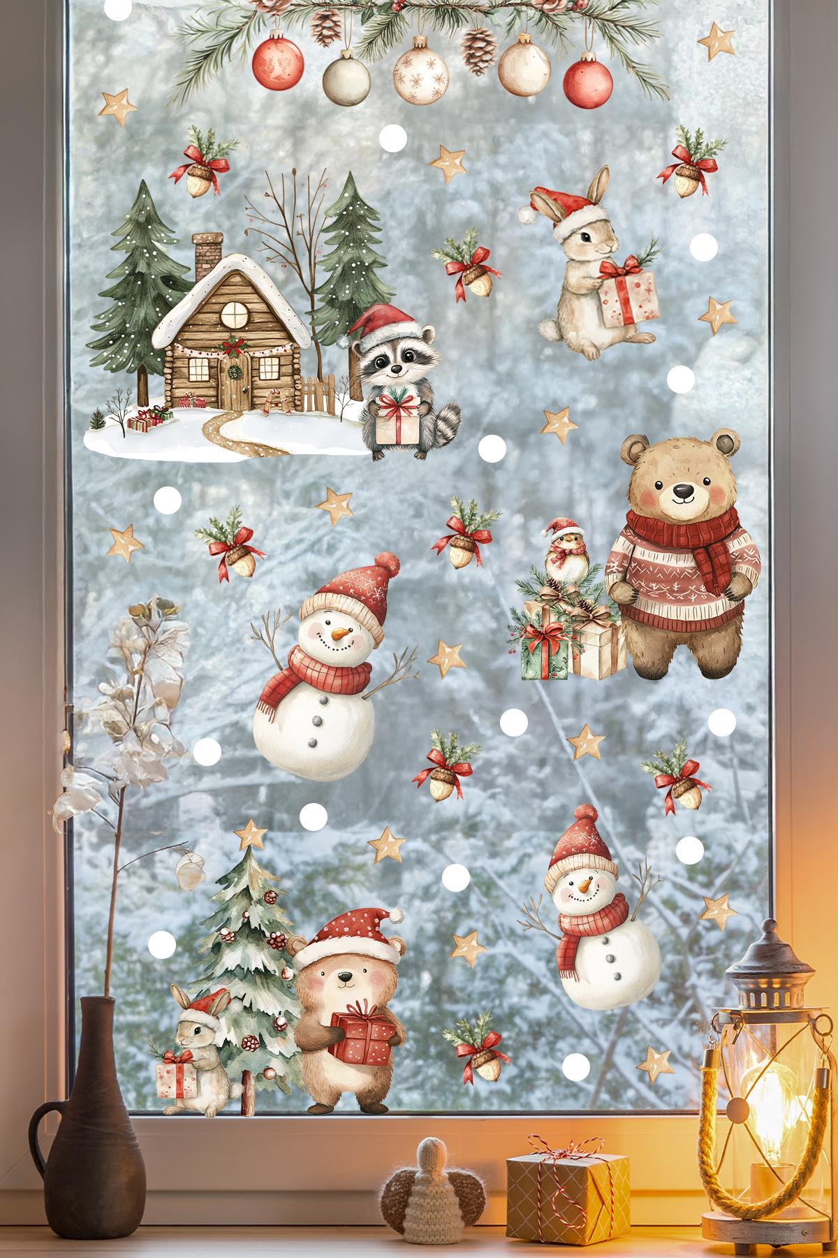 Çift Taraflı Baskılı Yılbaşı Evi ve Sevimli Hayvanlar Yeni Yıl Çocuk Bebek Odası Sticker Seti, Çift Yönlü Yılbaşı