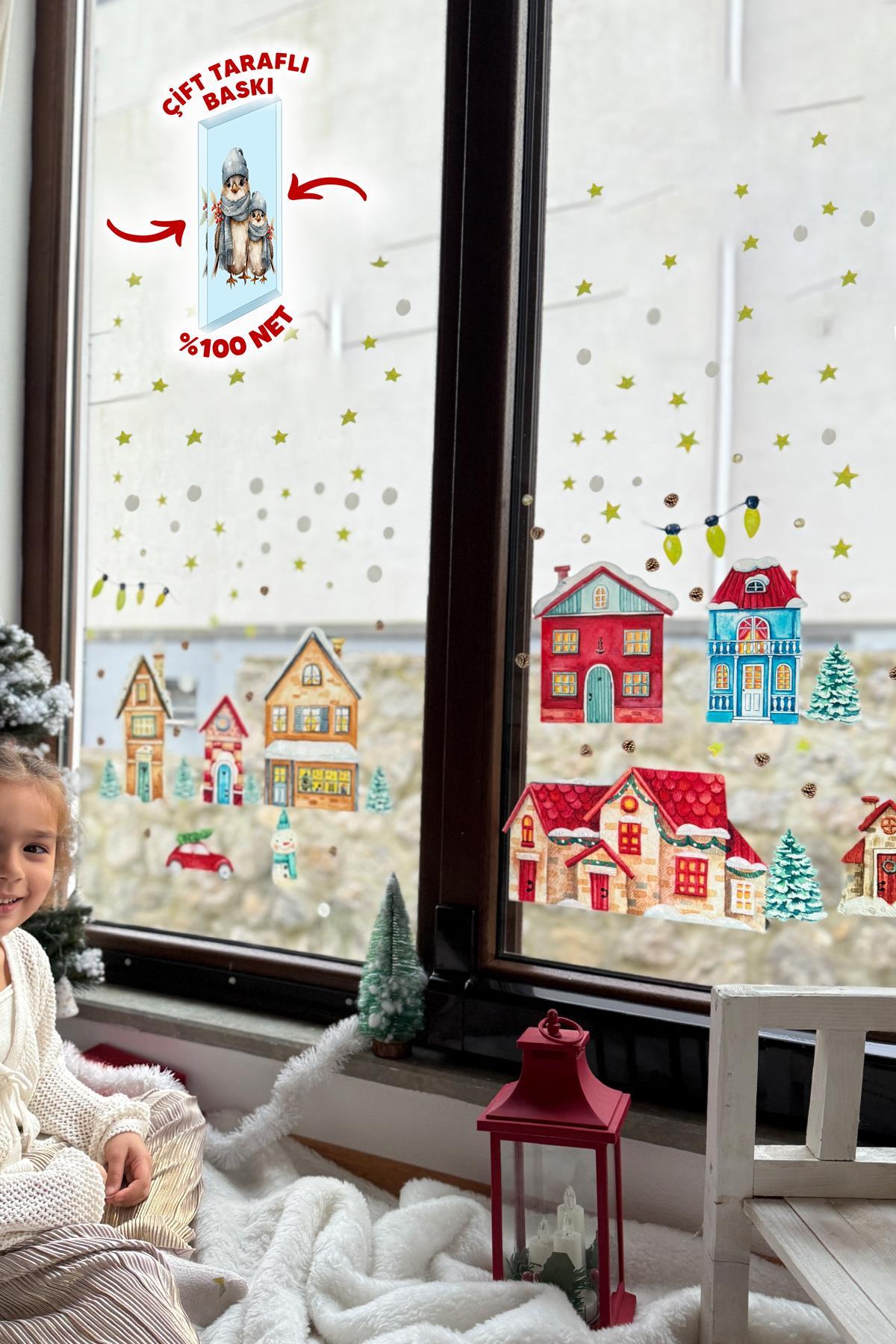 Çift Taraflı Baskılı Yılbaşı Karlı Şehir Yeni Yıl Çocuk Bebek Odası Sticker Seti, Çift Yönlü Yılbaşı
