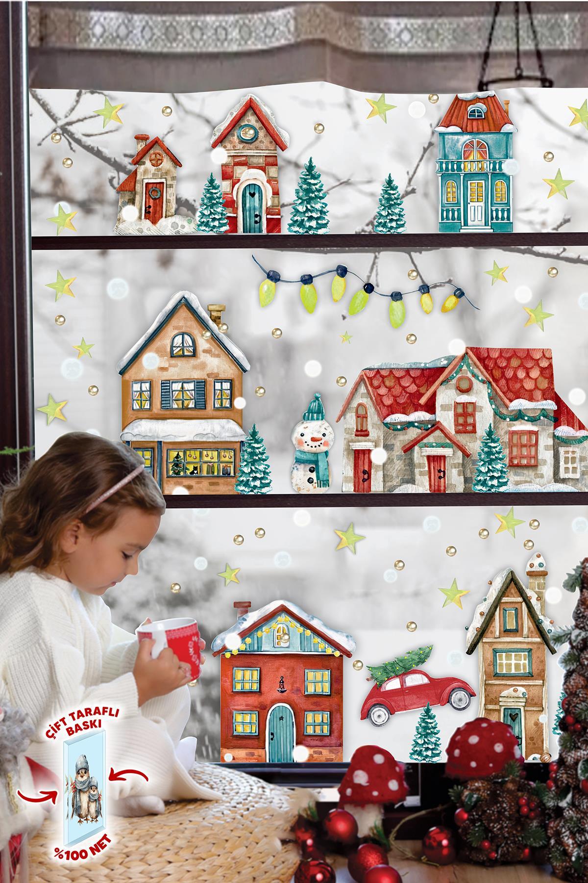 Çift Taraflı Baskılı Yılbaşı Karlı Şehir Yeni Yıl Çocuk Bebek Odası Sticker Seti, Çift Yönlü Yılbaşı