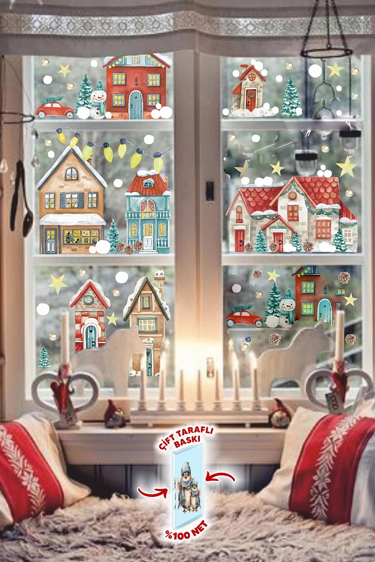 Çift Taraflı Baskılı Yılbaşı Karlı Şehir Yeni Yıl Çocuk Bebek Odası Sticker Seti, Çift Yönlü Yılbaşı