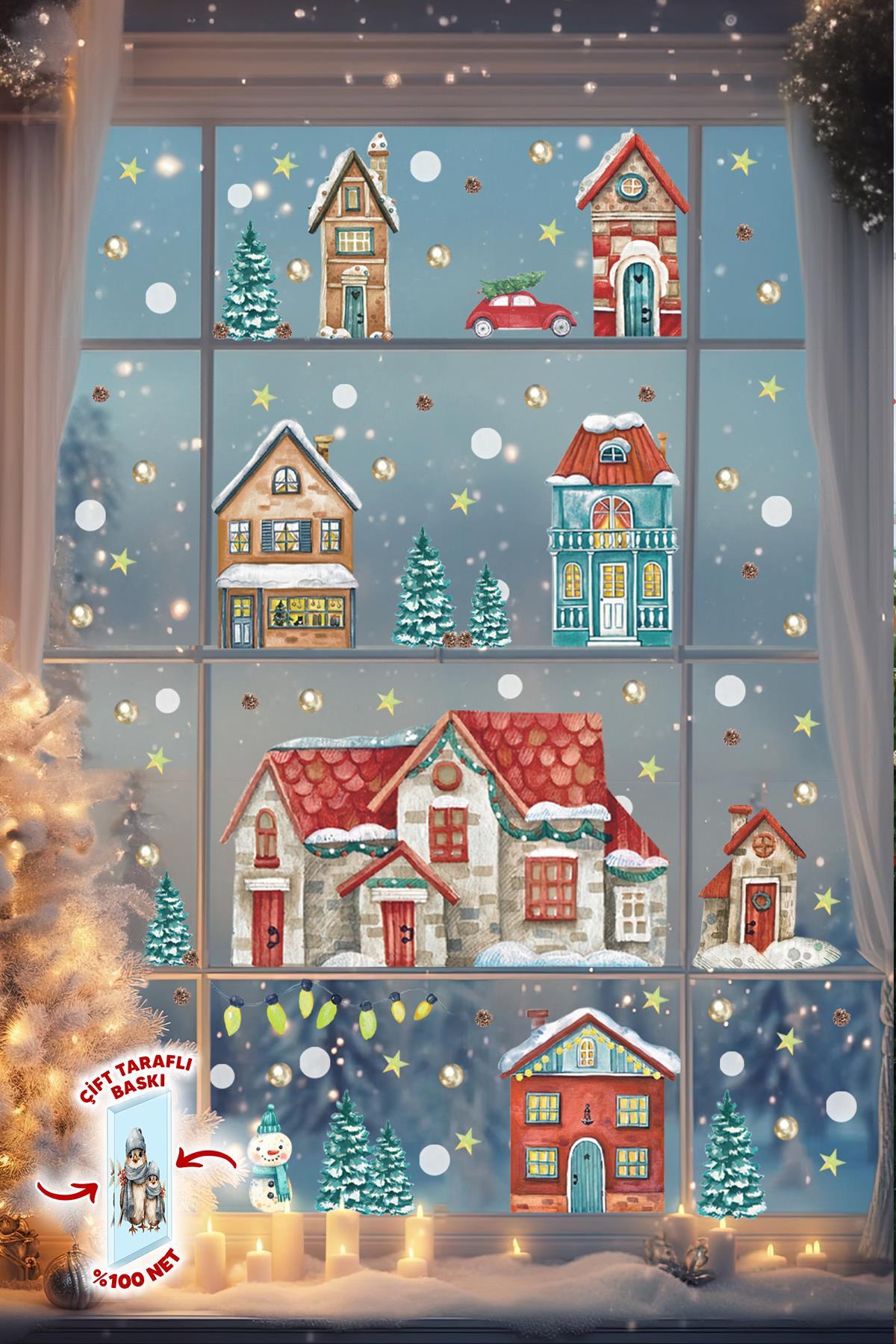 Çift Taraflı Baskılı Yılbaşı Karlı Şehir Yeni Yıl Çocuk Bebek Odası Sticker Seti, Çift Yönlü Yılbaşı