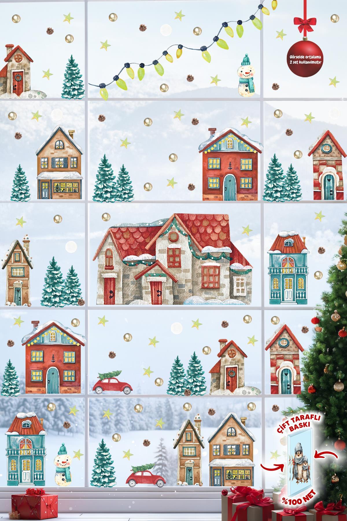 Çift Taraflı Baskılı Yılbaşı Karlı Şehir Yeni Yıl Çocuk Bebek Odası Sticker Seti, Çift Yönlü Yılbaşı