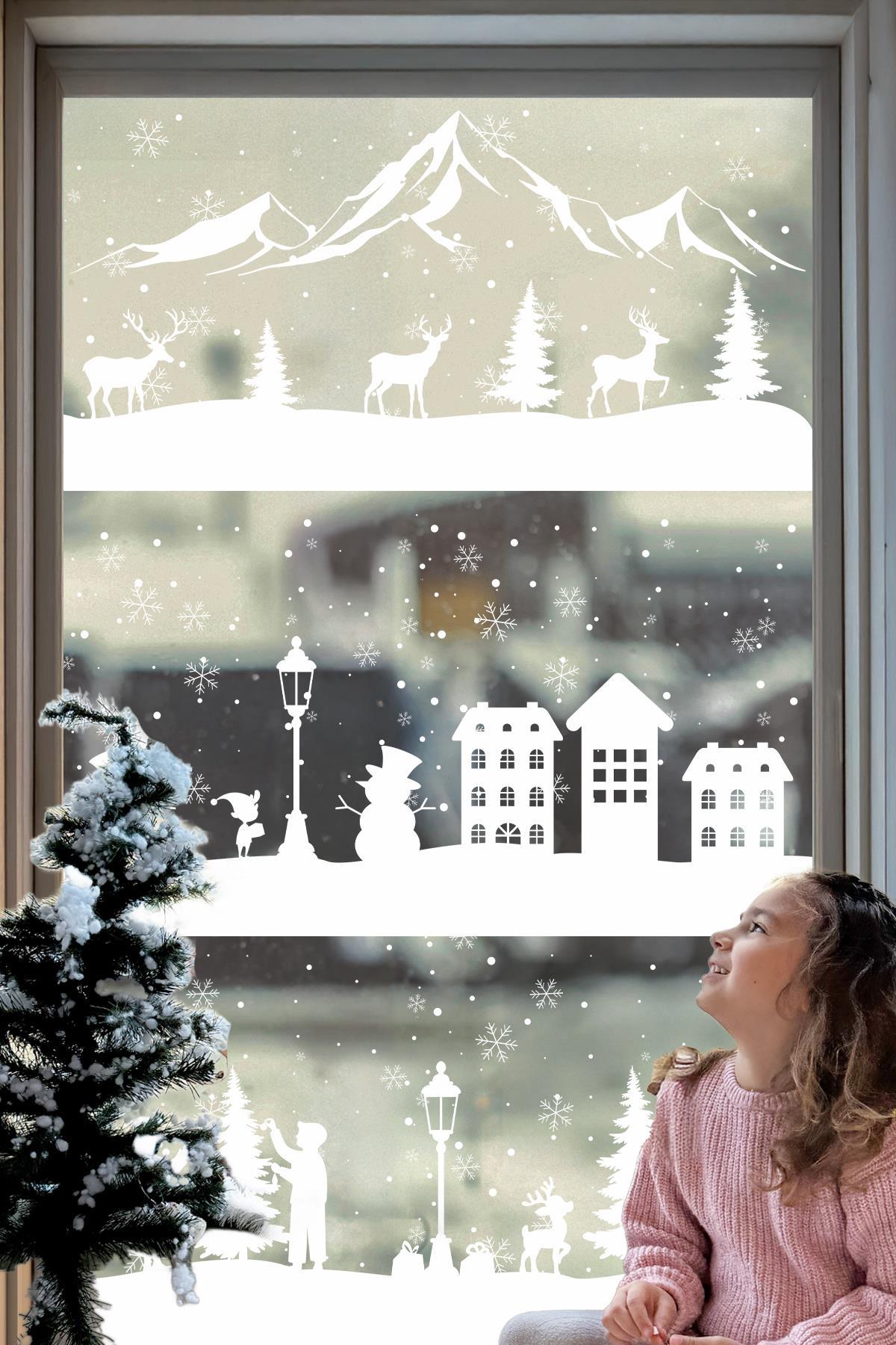 Çift Taraflı Beyaz Baskılı 54 Parça Beyaz Rüya Seti Yeni Yıl Çocuk Bebek Odası Sticker Kar Taneleri