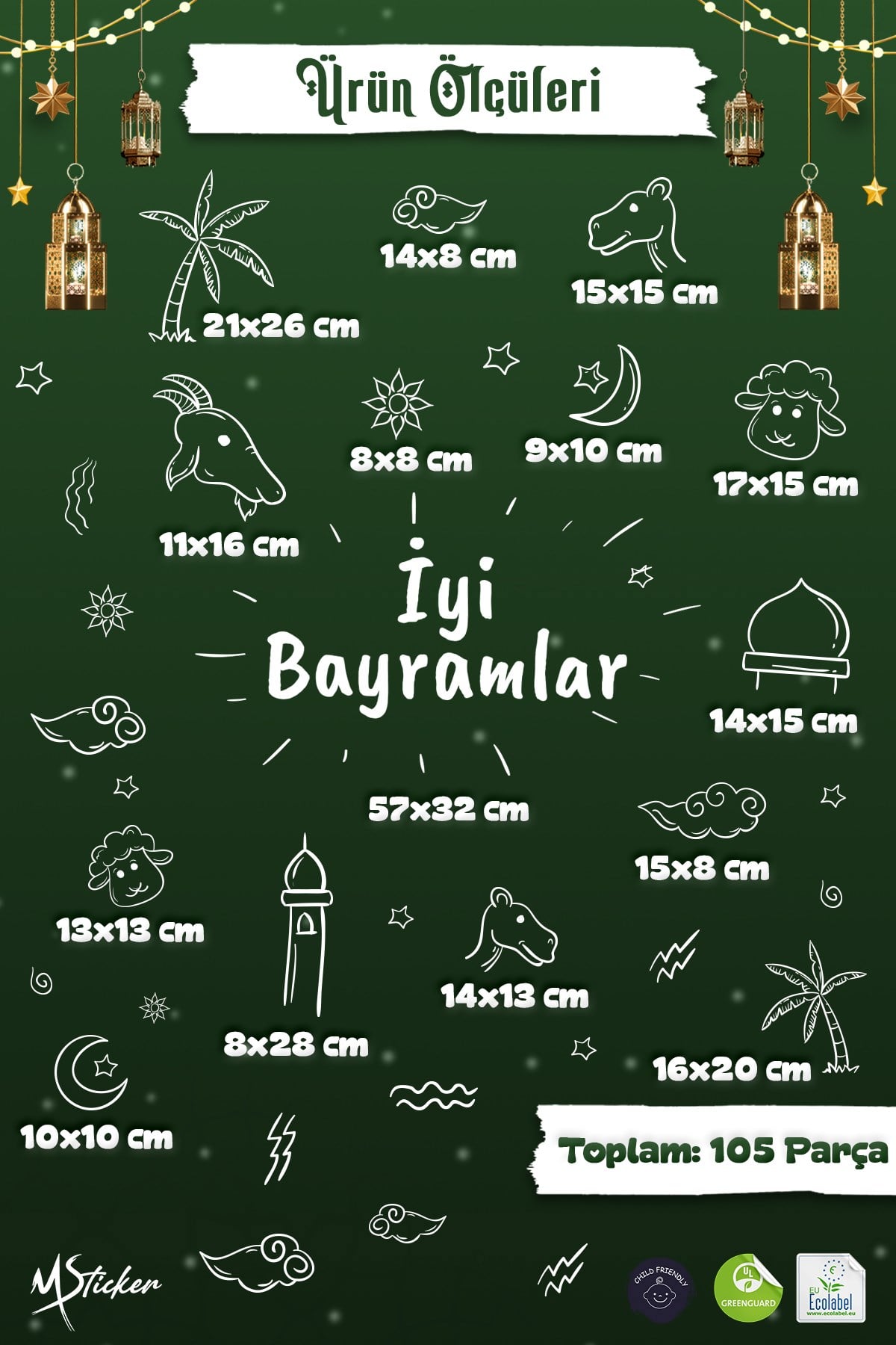 Çift Taraflı Beyaz Baskılı Kurban Bayramı Cam Sticker Seti 91 Parça Bayram Süs Bayram Sticker Kurban