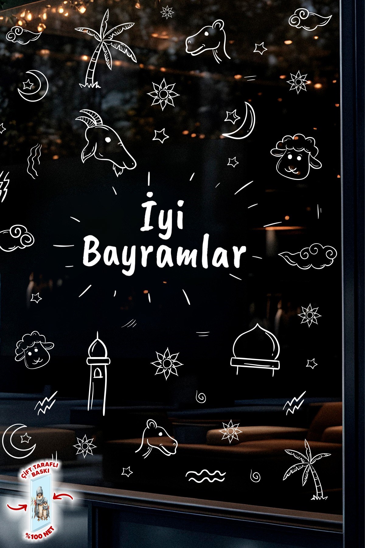 Çift Taraflı Beyaz Baskılı Kurban Bayramı Cam Sticker Seti 91 Parça Bayram Süs Bayram Sticker Kurban