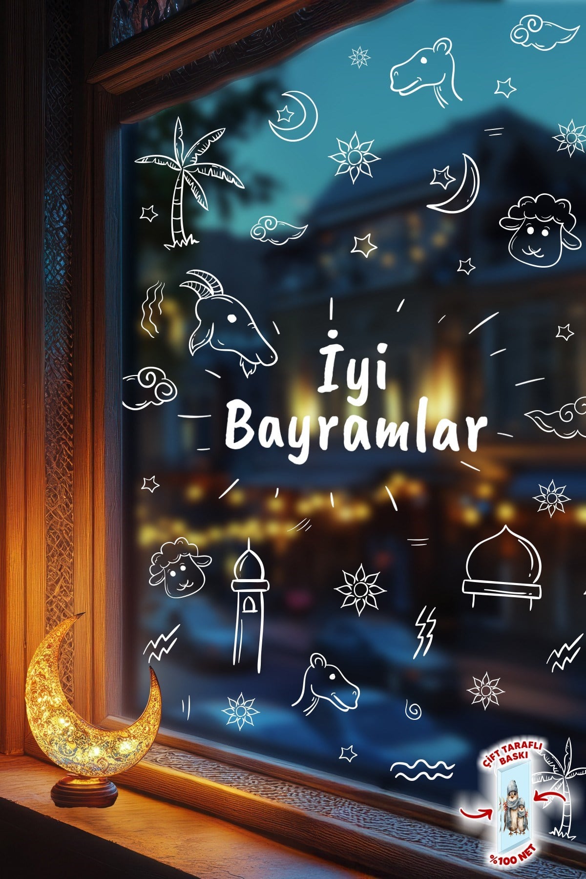 Çift Taraflı Beyaz Baskılı Kurban Bayramı Cam Sticker Seti 91 Parça Bayram Süs Bayram Sticker Kurban
