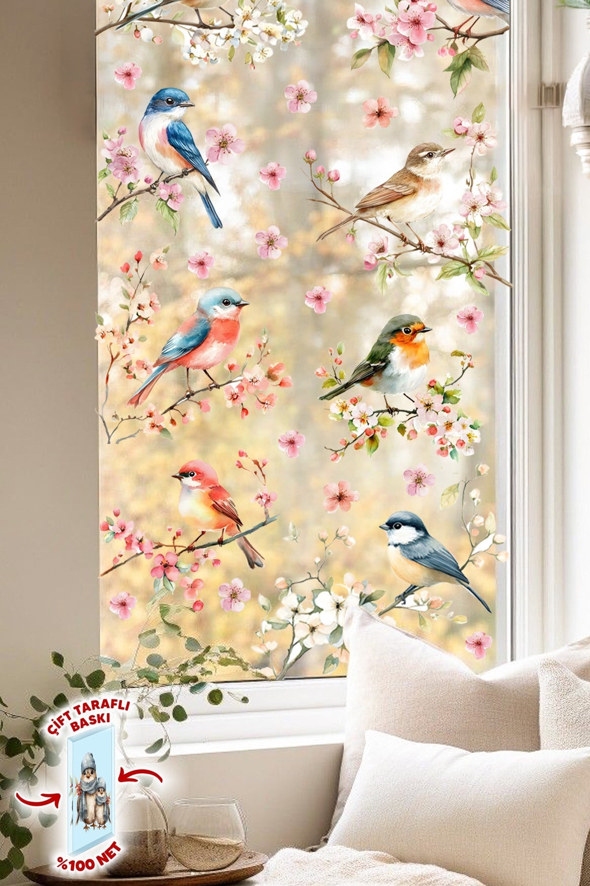 Çift Taraflı Cam Sticker Kuş ve Çiçek Seti – 57 Parça Bahar Temalı Pencere Süsü, %100 Net Görünüm