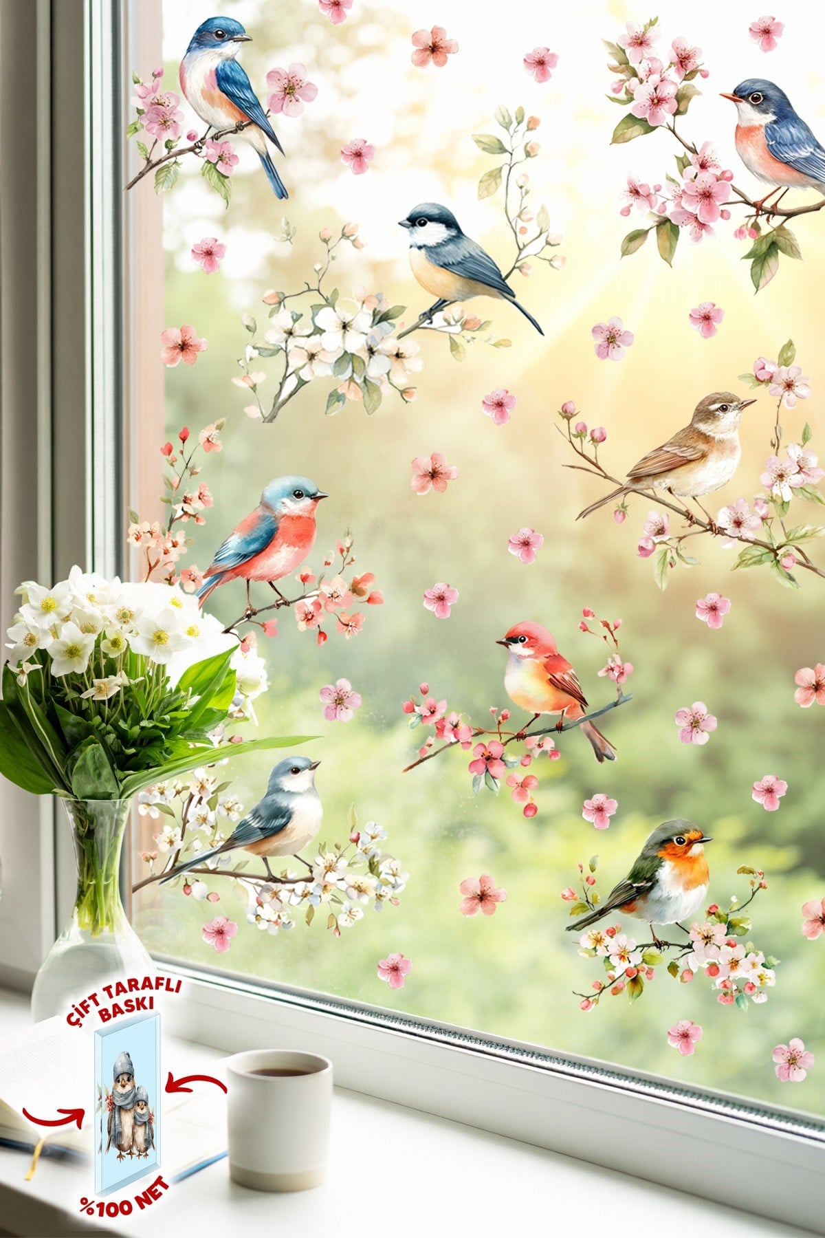 Çift Taraflı Cam Sticker Kuş ve Çiçek Seti – 57 Parça Bahar Temalı Pencere Süsü, %100 Net Görünüm