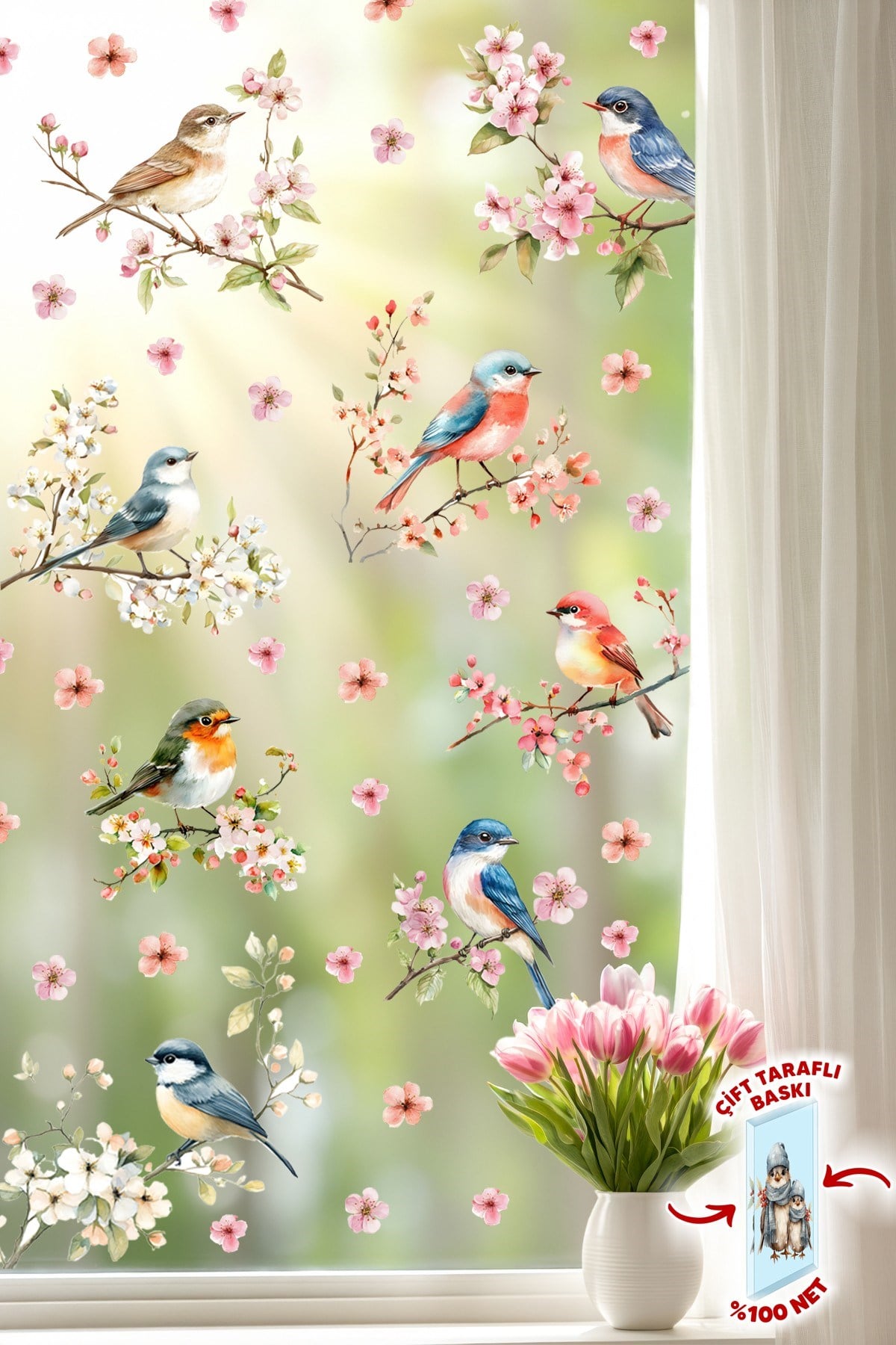 Çift Taraflı Cam Sticker Kuş ve Çiçek Seti – 57 Parça Bahar Temalı Pencere Süsü, %100 Net Görünüm