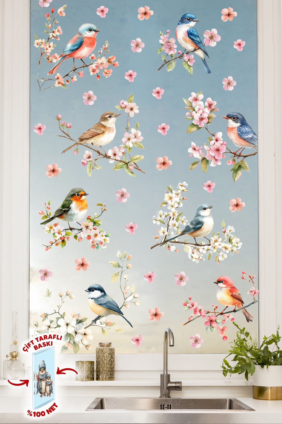 Çift Taraflı Cam Sticker Kuş ve Çiçek Seti – 57 Parça Bahar Temalı Pencere Süsü, %100 Net Görünüm