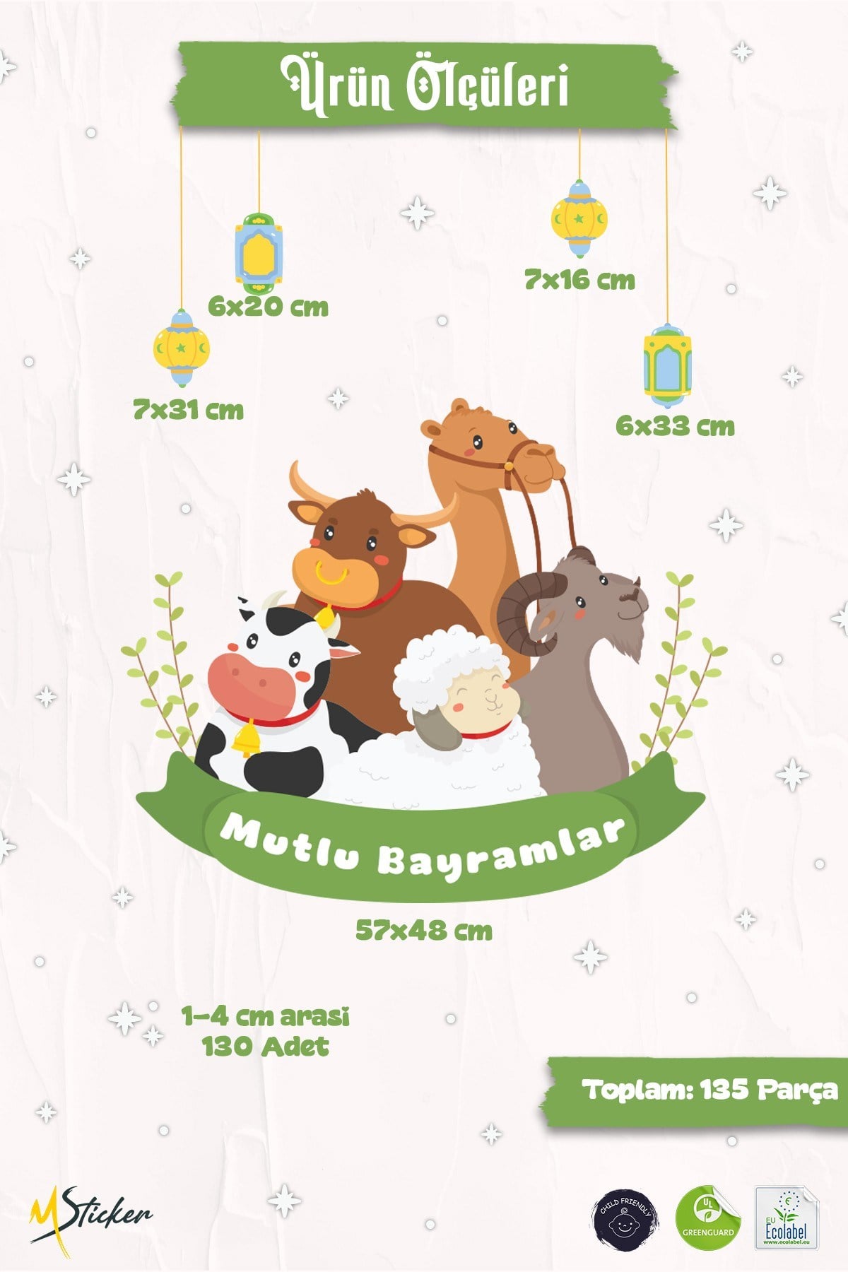 Çift Taraflı Kurban Bayramı Cam Sticker Seti 135 Parça Bayram Süsü Hayvan Figürlü Bayram Sticker Set
