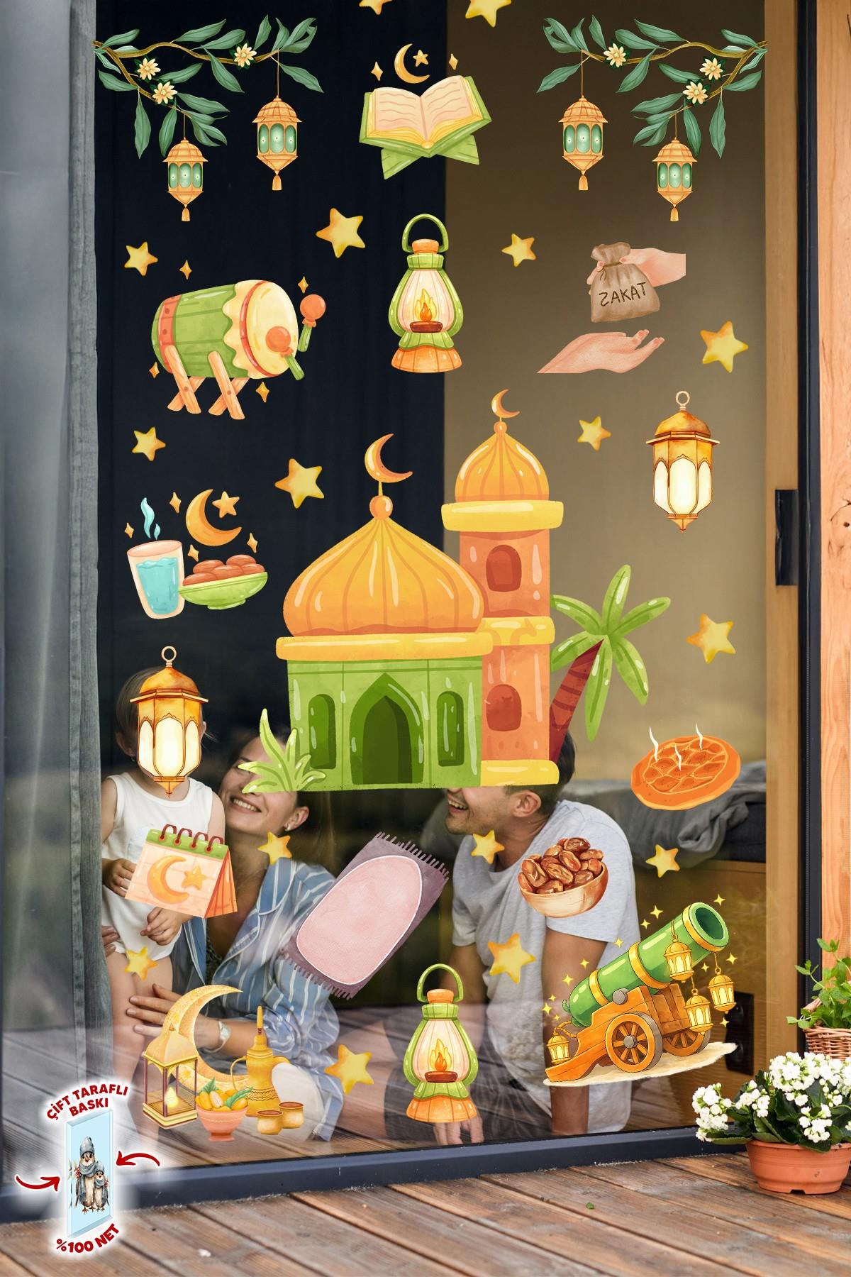 Çift Taraflı Ramazan Cam Sticker Seti | Çocuklar İçin Eğitici Ramazan Pencere Süsü ve Cam Dekoru