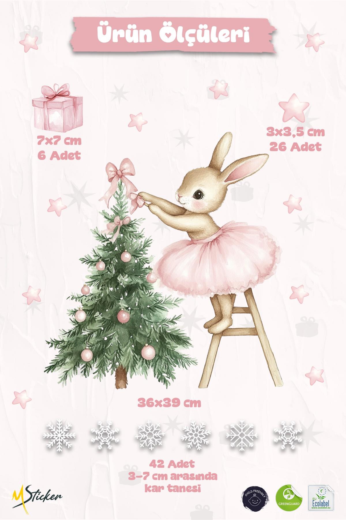 Çift Taraflı Sevimli Tavşan ve Çam Ağacı Yılbaşı Cam Sticker Seti – 74 Parça, Çocuk Odası & Yeni Yıl