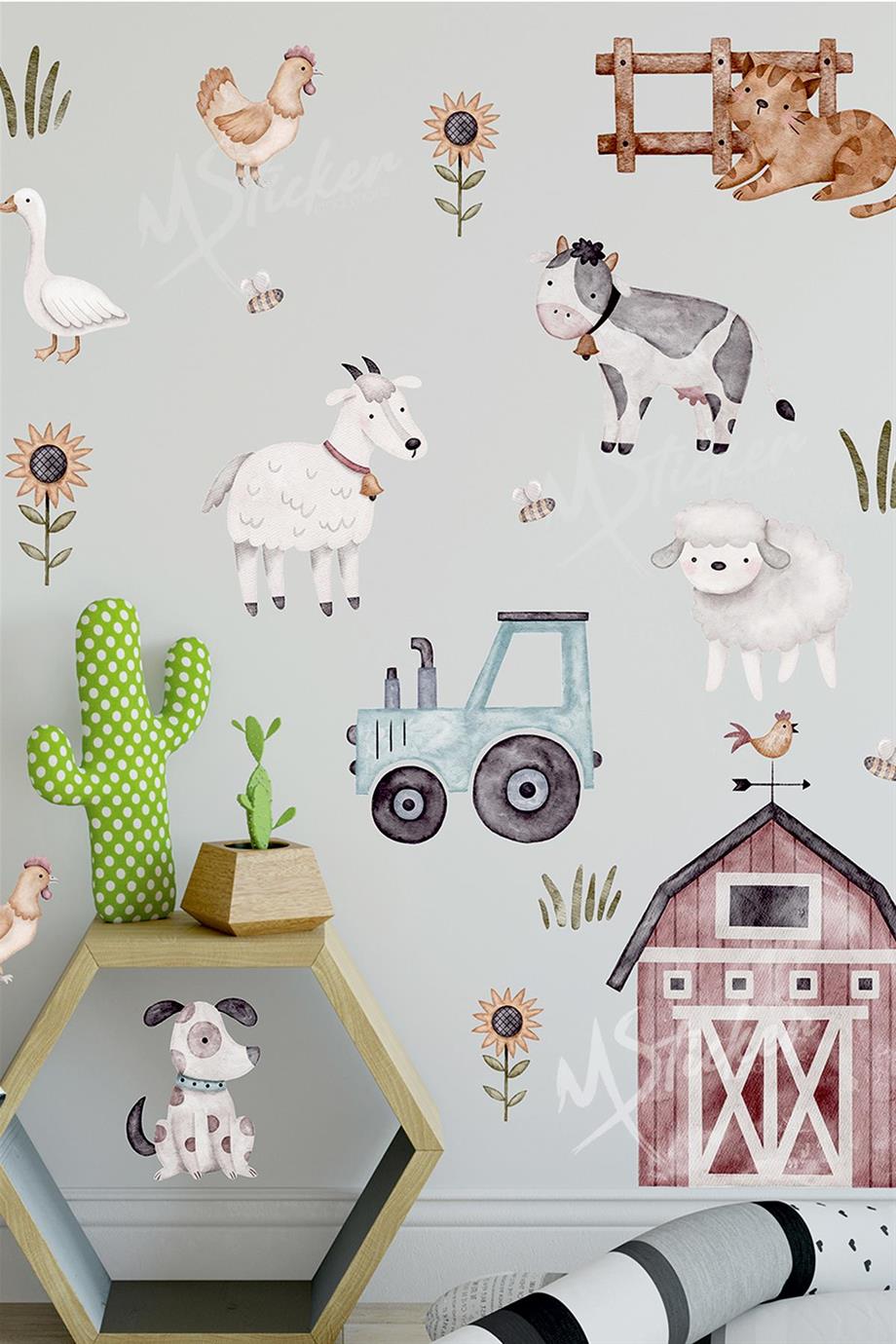 Çiftlikte Sevimli Hayvanlar Temalı Çocuk Bebek Odası Duvar Cam Sticker Seti