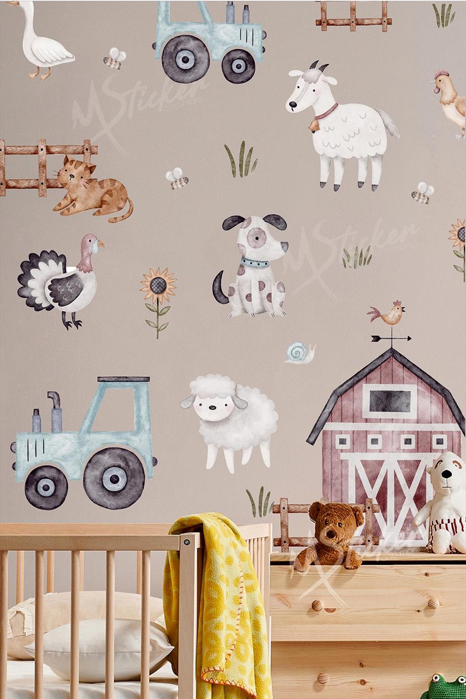 Çiftlikte Sevimli Hayvanlar Temalı Çocuk Bebek Odası Duvar Cam Sticker Seti