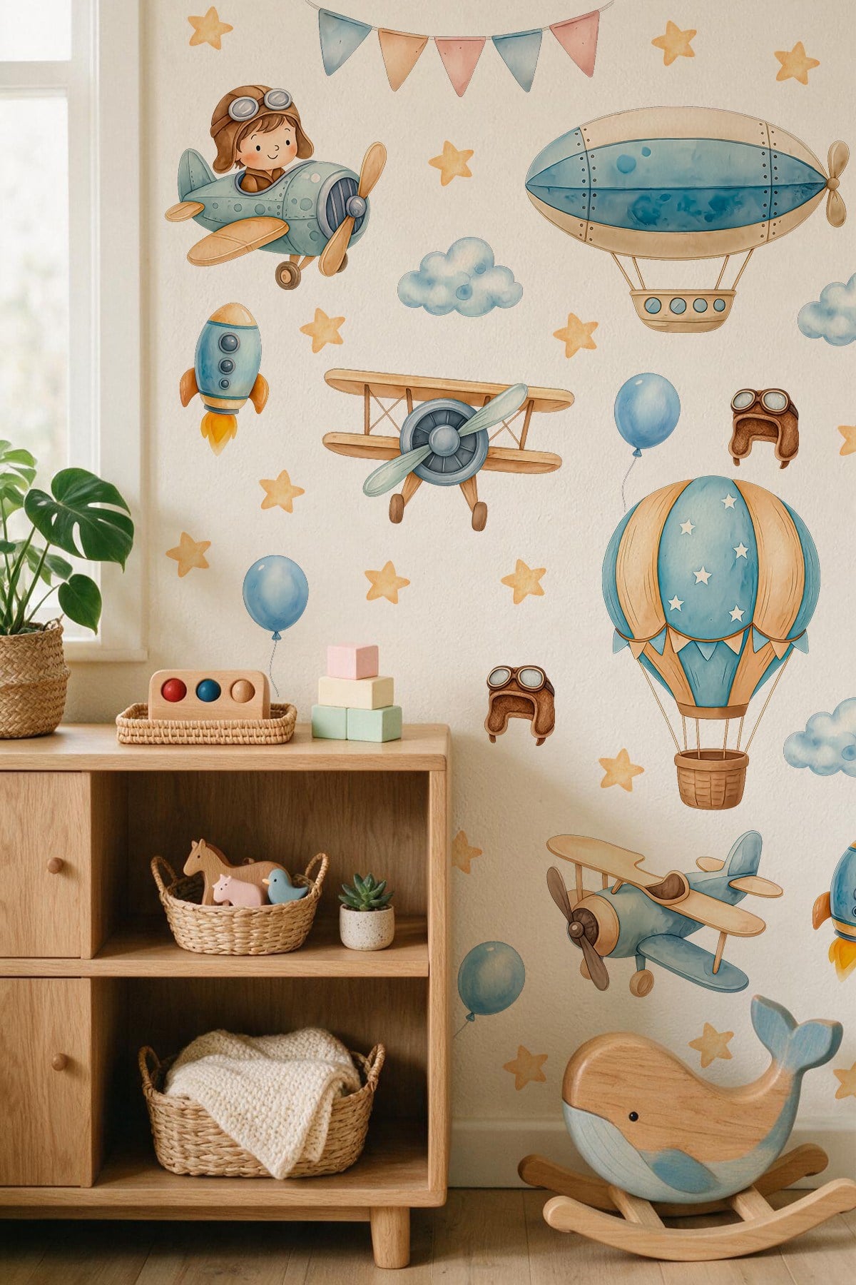 Çocuk Odası Duvar Sticker 103 Parça Uçak Pilot Balon Havacılık Temalı Duvar Çıkartması