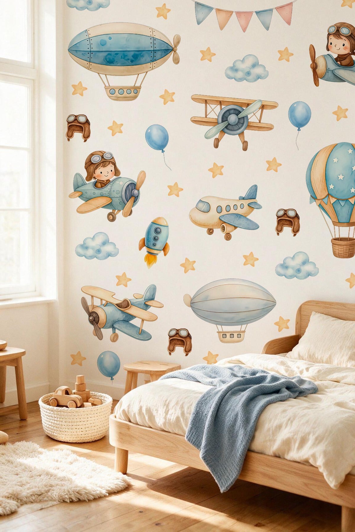 Çocuk Odası Duvar Sticker 103 Parça Uçak Pilot Balon Havacılık Temalı Duvar Çıkartması