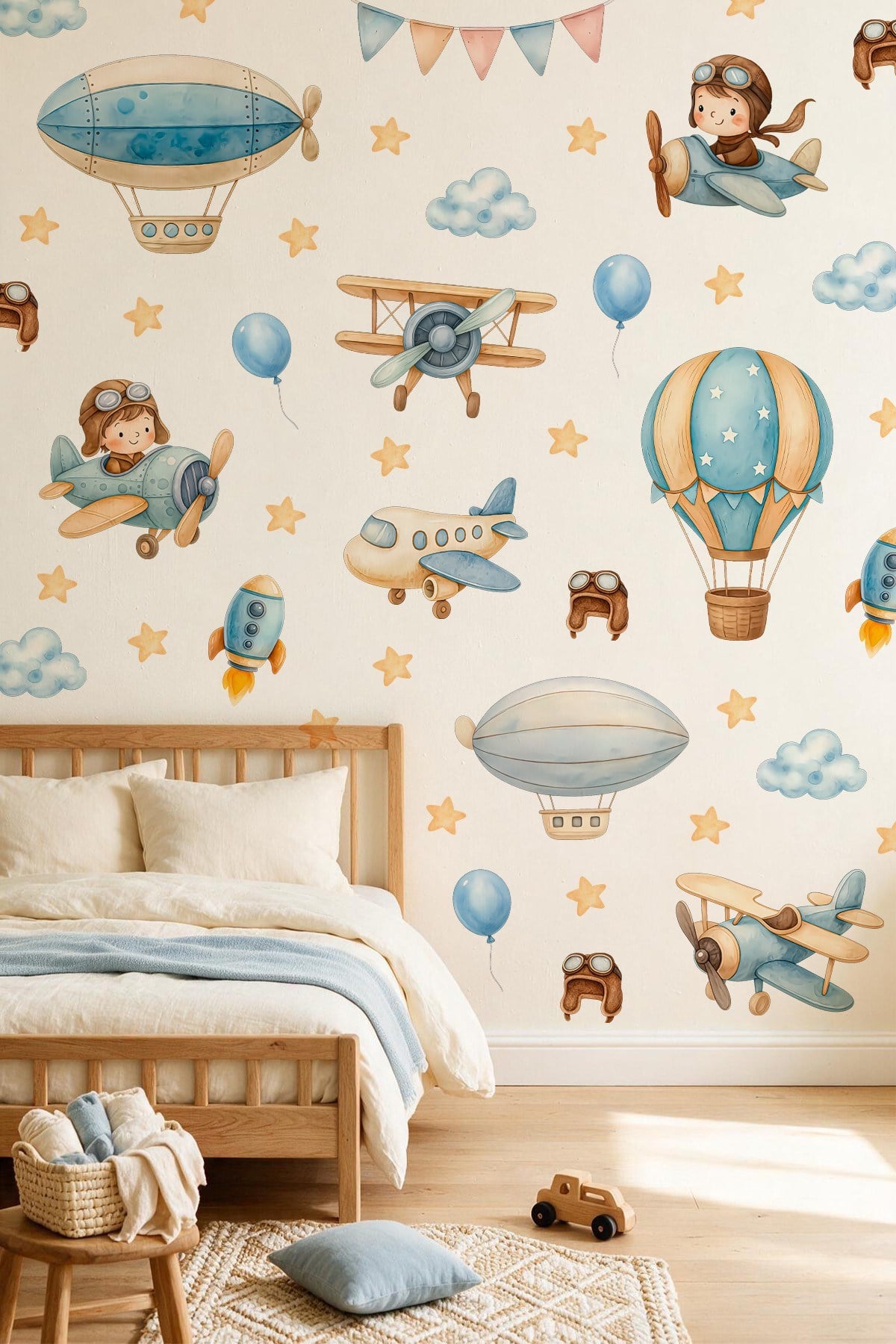 Çocuk Odası Duvar Sticker 103 Parça Uçak Pilot Balon Havacılık Temalı Duvar Çıkartması