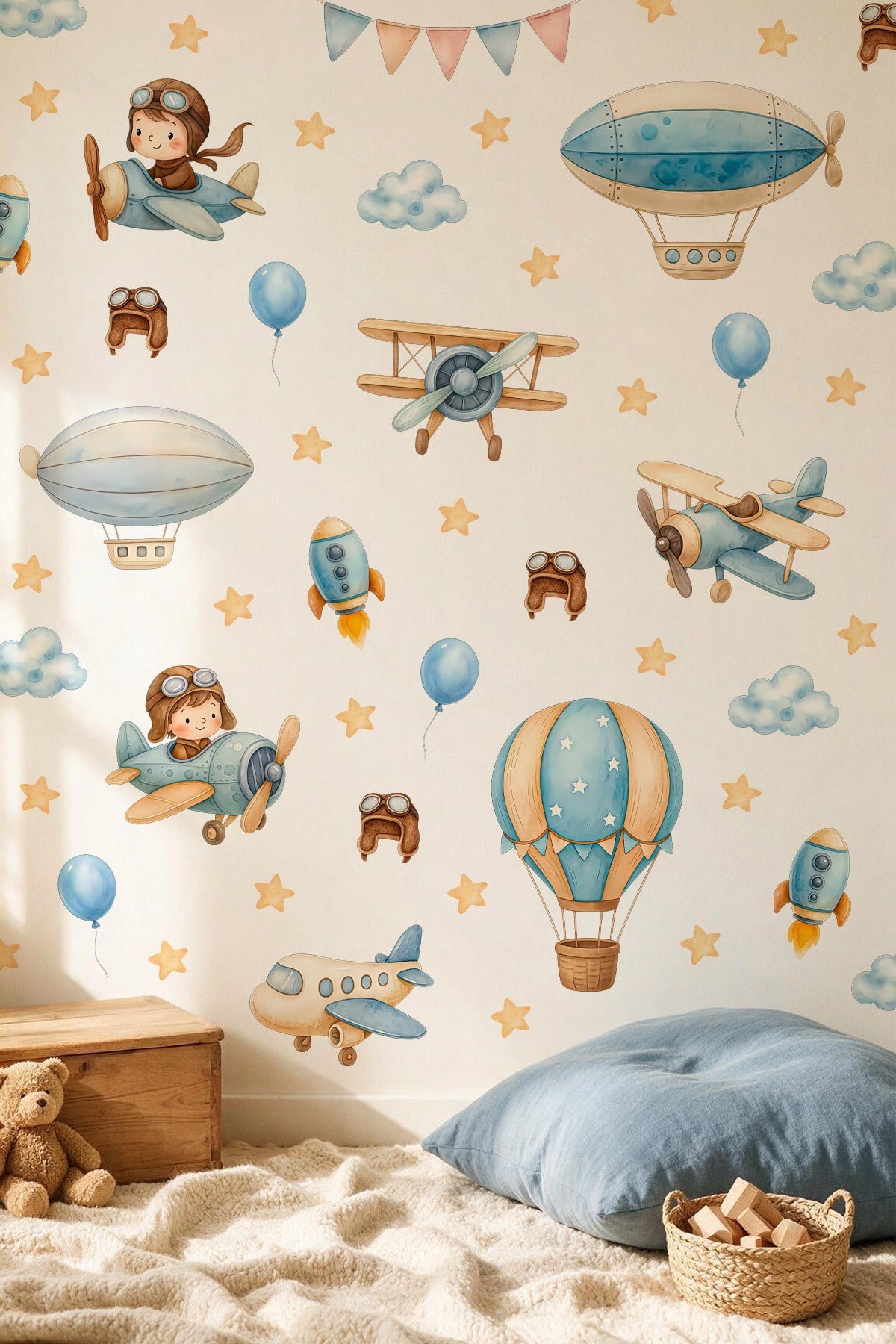 Çocuk Odası Duvar Sticker 103 Parça Uçak Pilot Balon Havacılık Temalı Duvar Çıkartması