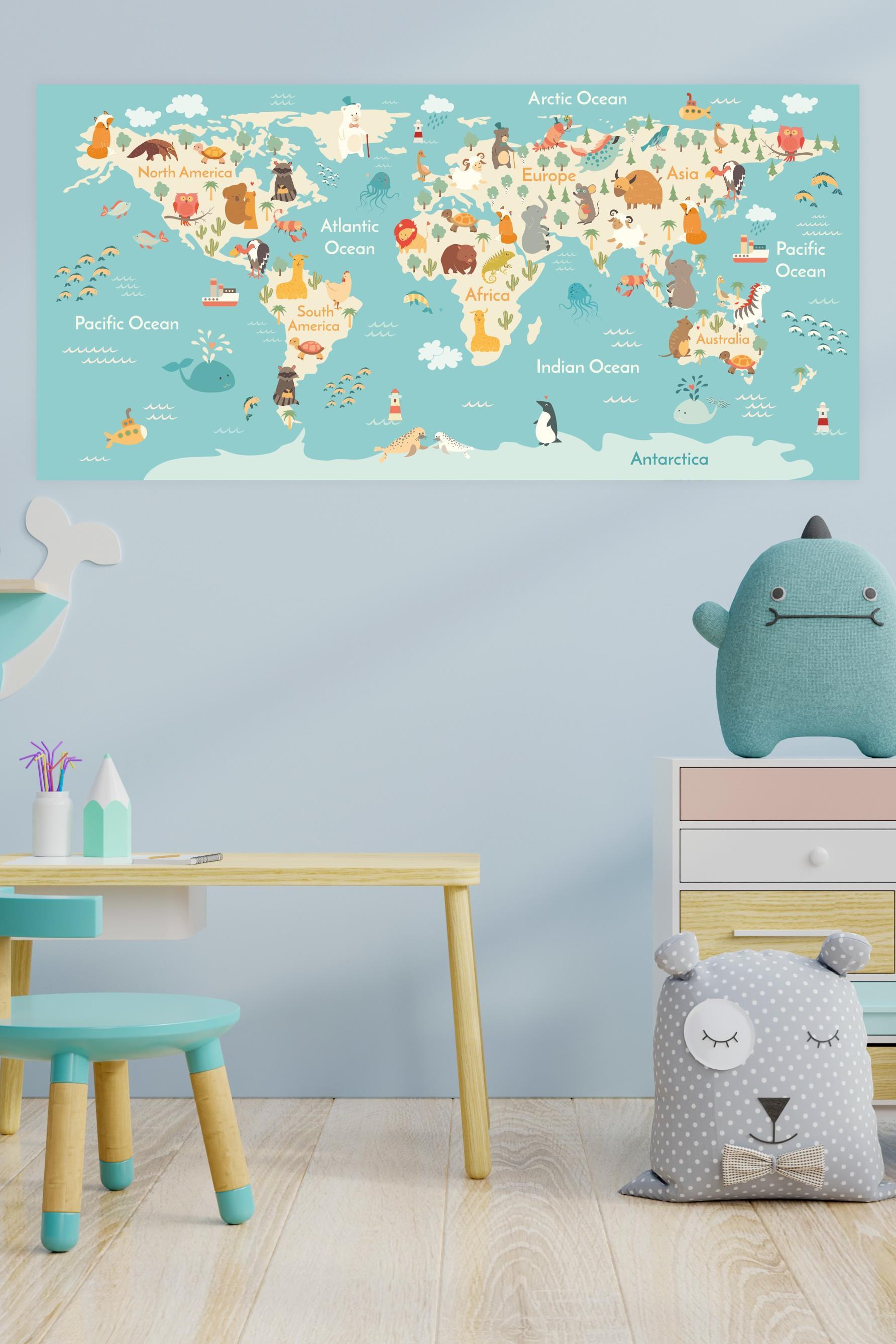 Çocuklar İçin Eğitici İngilizce Dünya Haritası Sticker(50x100cm)