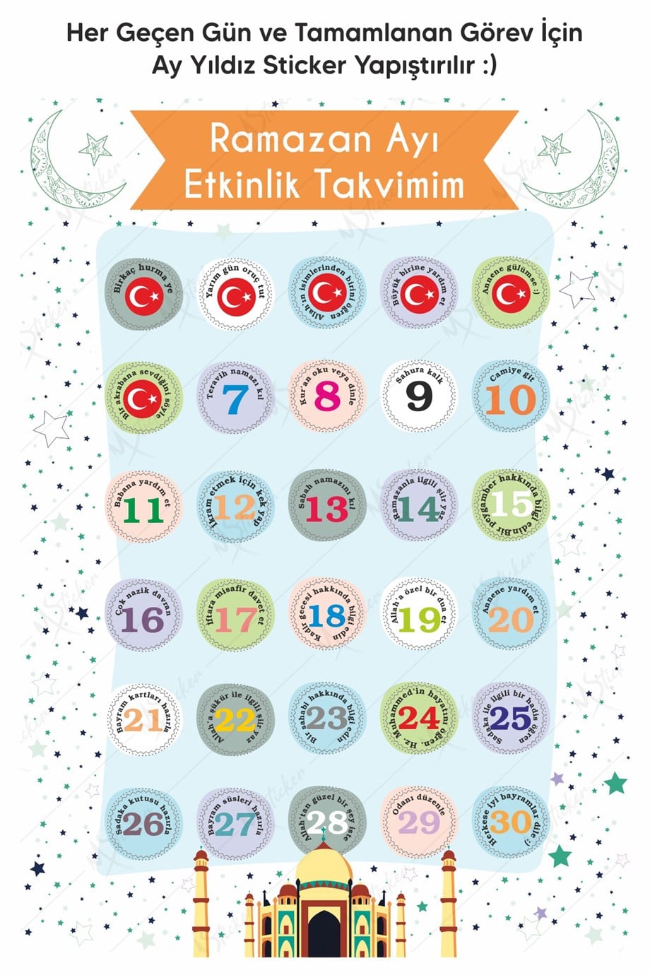 Çocuklar İçin Ramazan Ayı Oruç Çizelgesi - Ramazan Sticker Çocuk İmsakiyesi