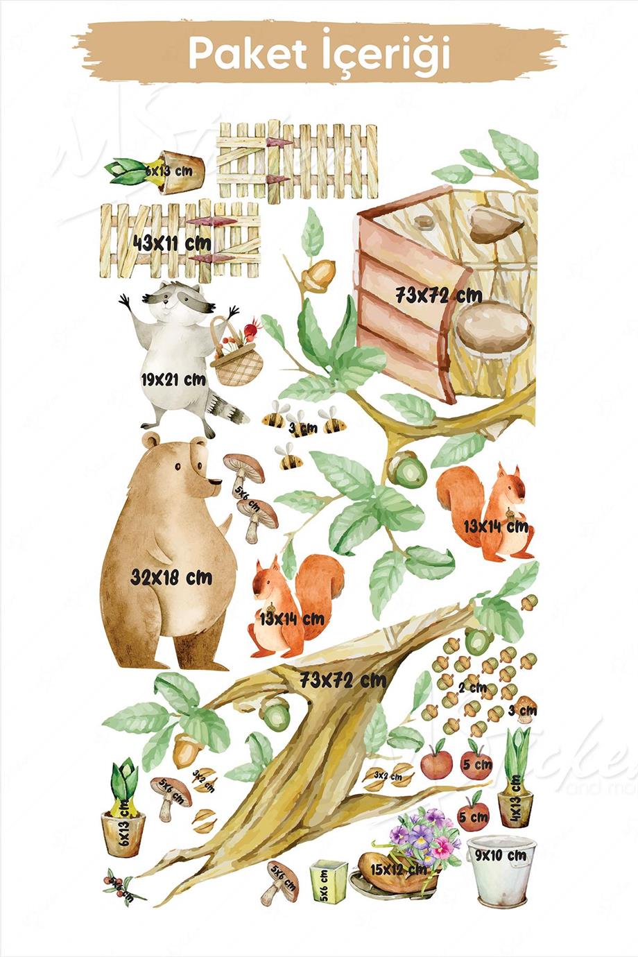 Dalda Ağaç Ev ve Hayvanlar Çocuk Bebek Odası Cam Duvar Sticker Seti