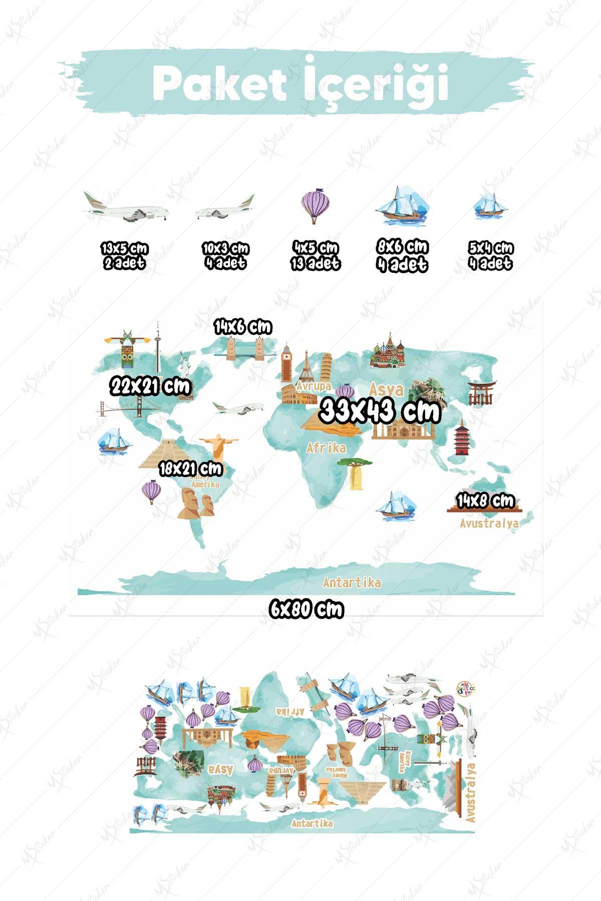 Dünya Haritası Sticker Seti Eğitici Sticker Seti Tamamı Özel Kesimli Dünya Haritası