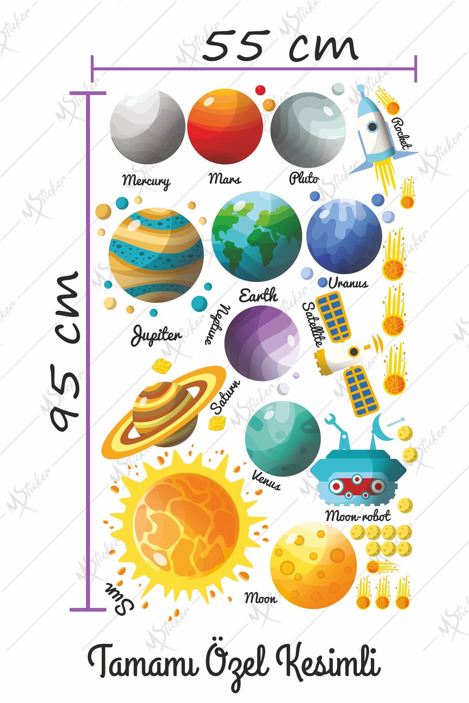 Eğitici Gezegenler ve Güneş Sistemi Çocuk Odası Sticker Seti