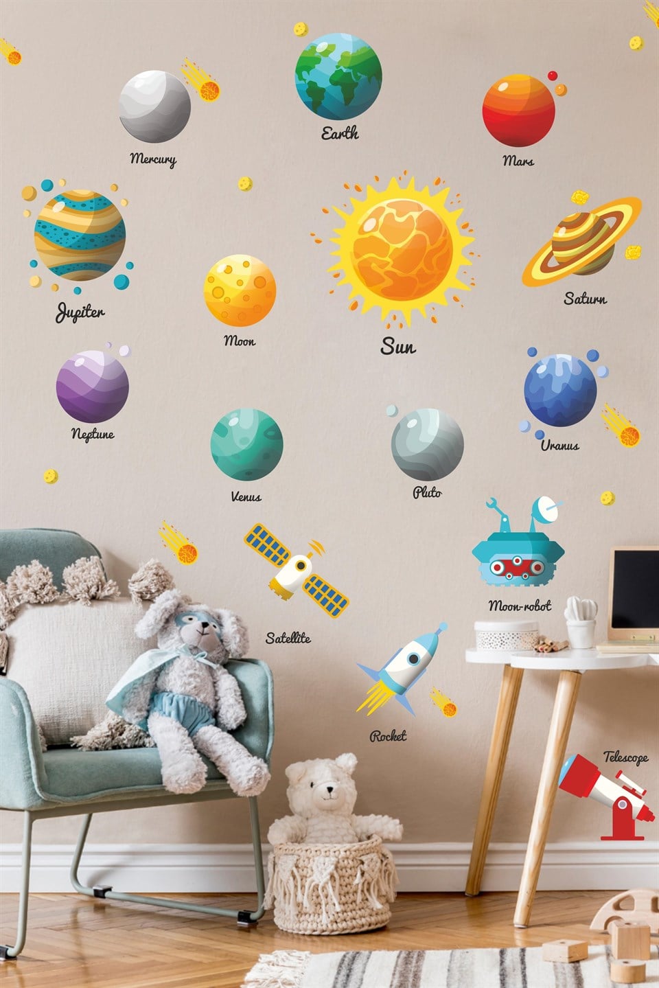 Eğitici Gezegenler ve Güneş Sistemi Çocuk Odası Sticker Seti