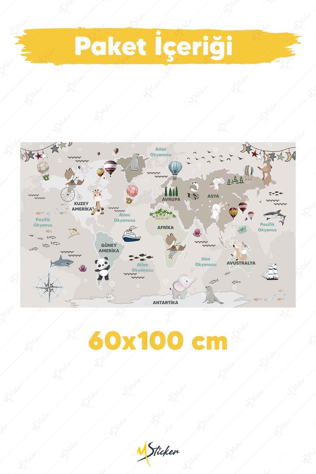 Eğitici Ve Öğretici Dünya Haritası Çocuk Odası Duvar Sticker, Dünya Haritası Tablo Sticker