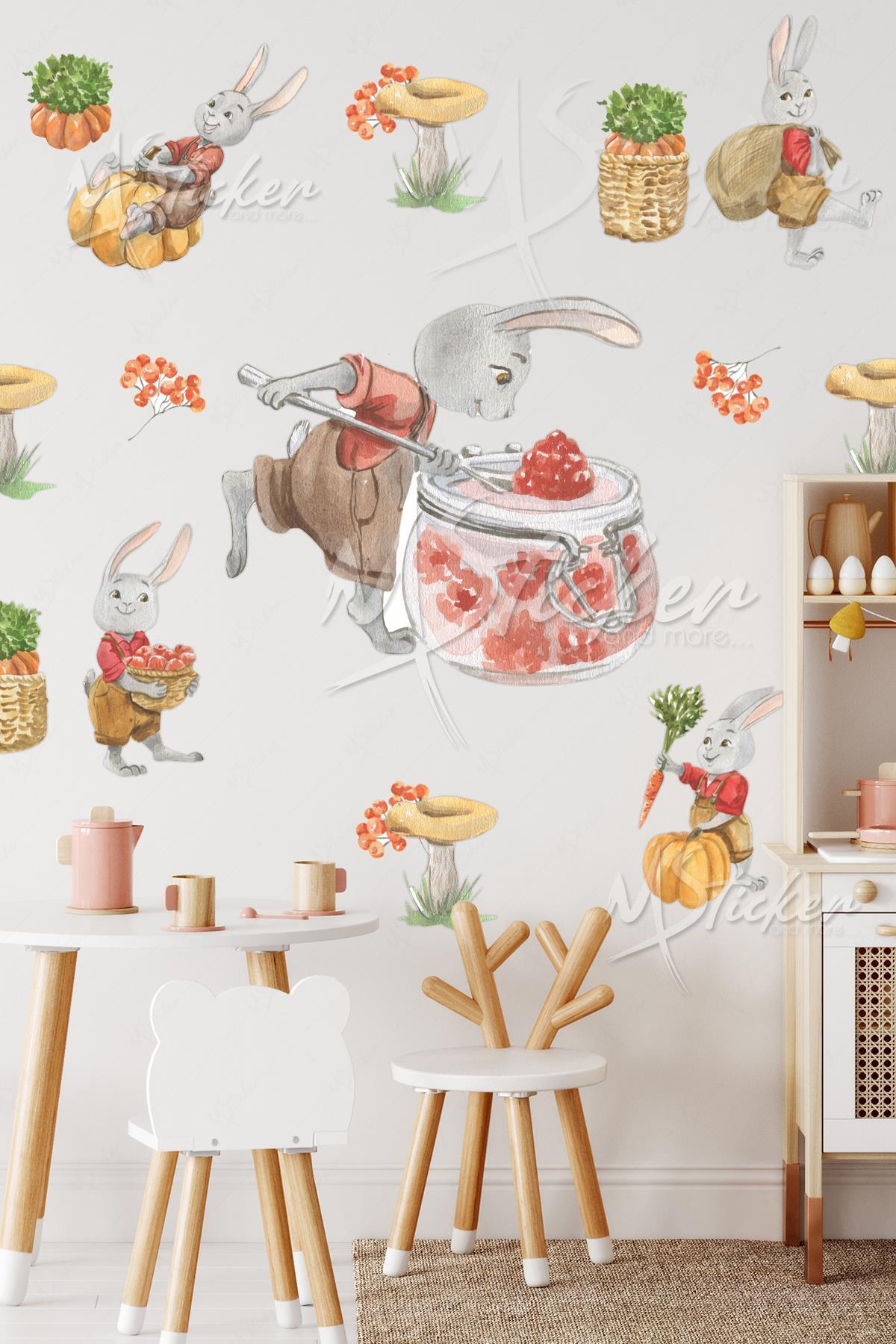 Eğlenceli Ahçı Tavşanlar Çocuk Odası Cam Duvar Sticker Seti