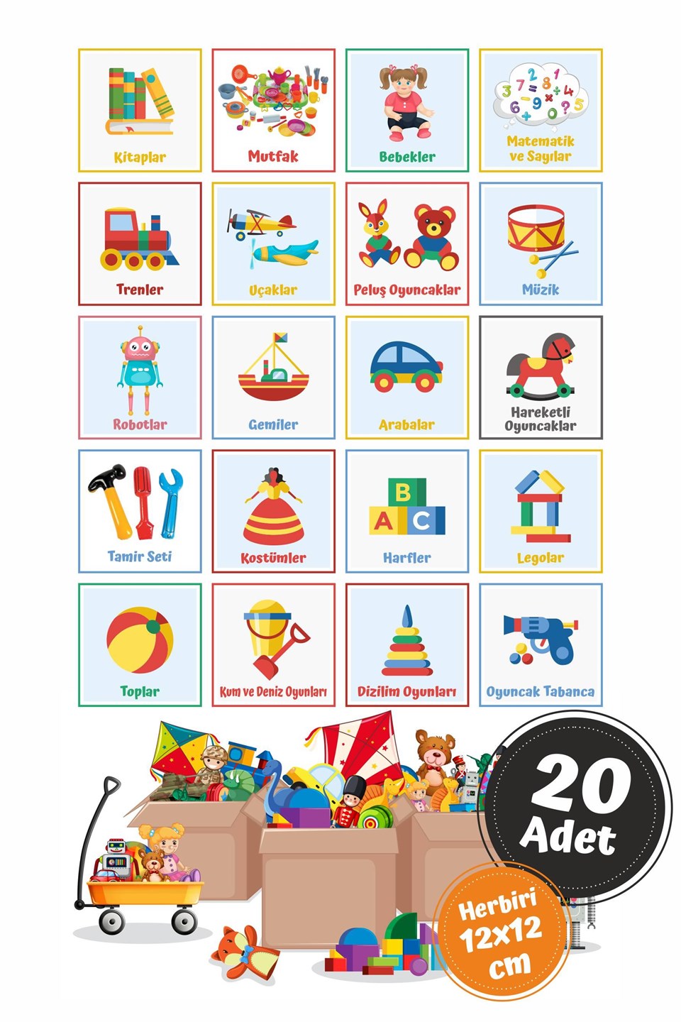 Eğlenceli Büyük Renkli Oyuncak Kutusu Sticker-Organizer Etiket-Renkli Sticker
