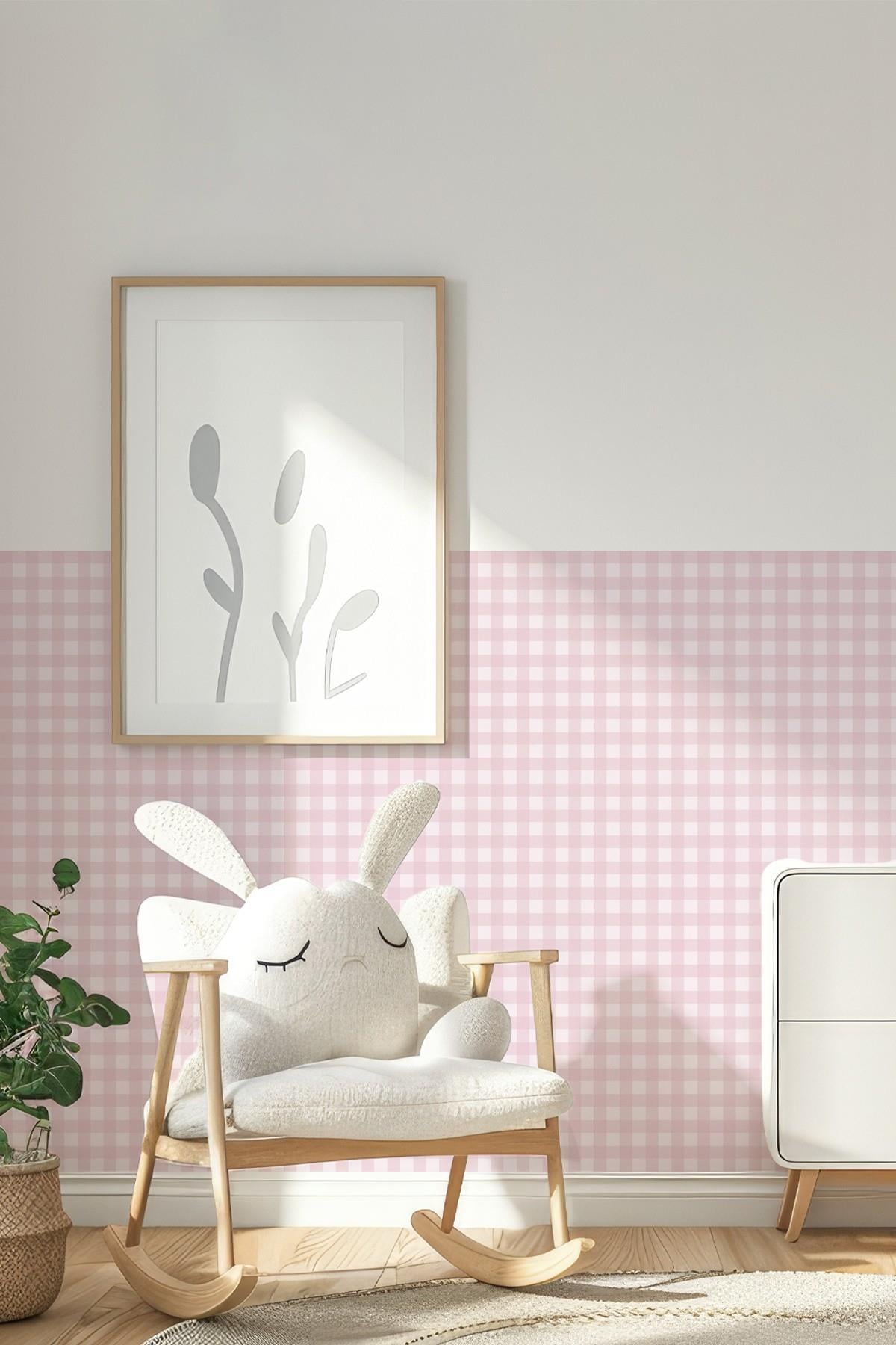 Ekose Desenli Duvar Sticker Yarım Kaplama Duvar Kağıdı Görünümlü Sticker 54x109 cm Ekoseli Pembe Ton