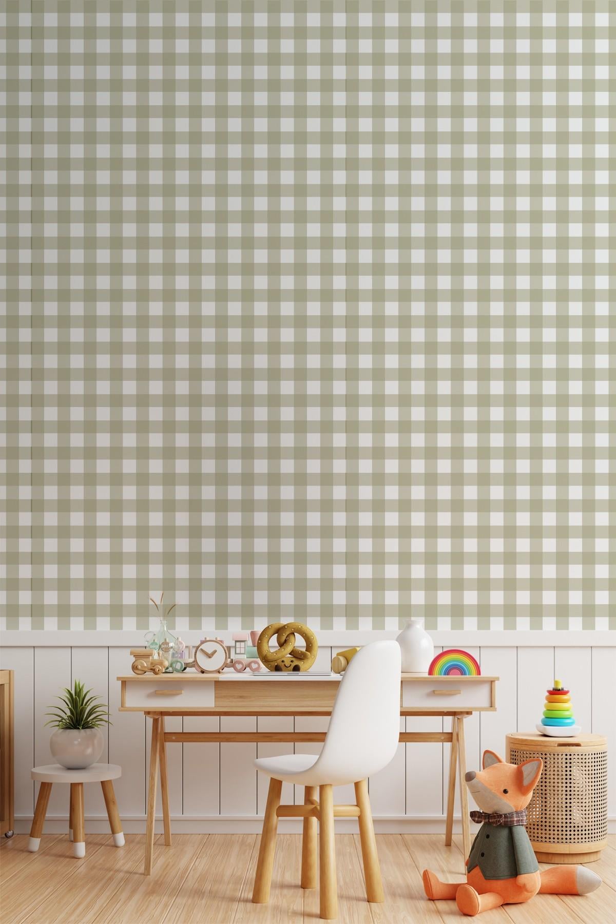 Ekose Desenli Duvar Sticker Yarım Kaplama Duvar Kağıdı Görünümlü Sticker 54x109 cm Ekoseli Yeşil