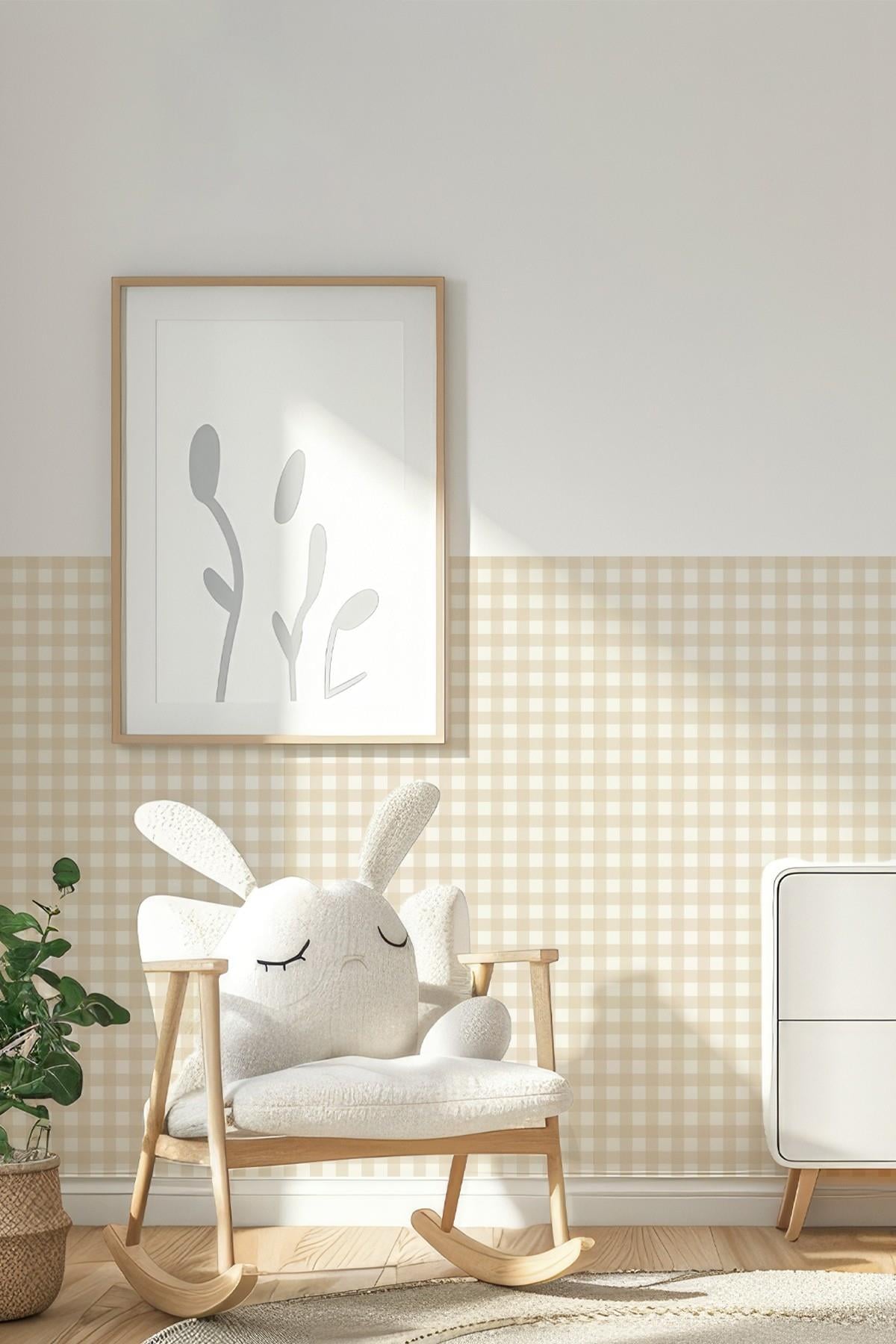 Ekose Desenli Duvar Sticker Yarım Kaplama Duvar Kağıdı Görünümlü Sticker 54x109 cm Ekoseli Bej